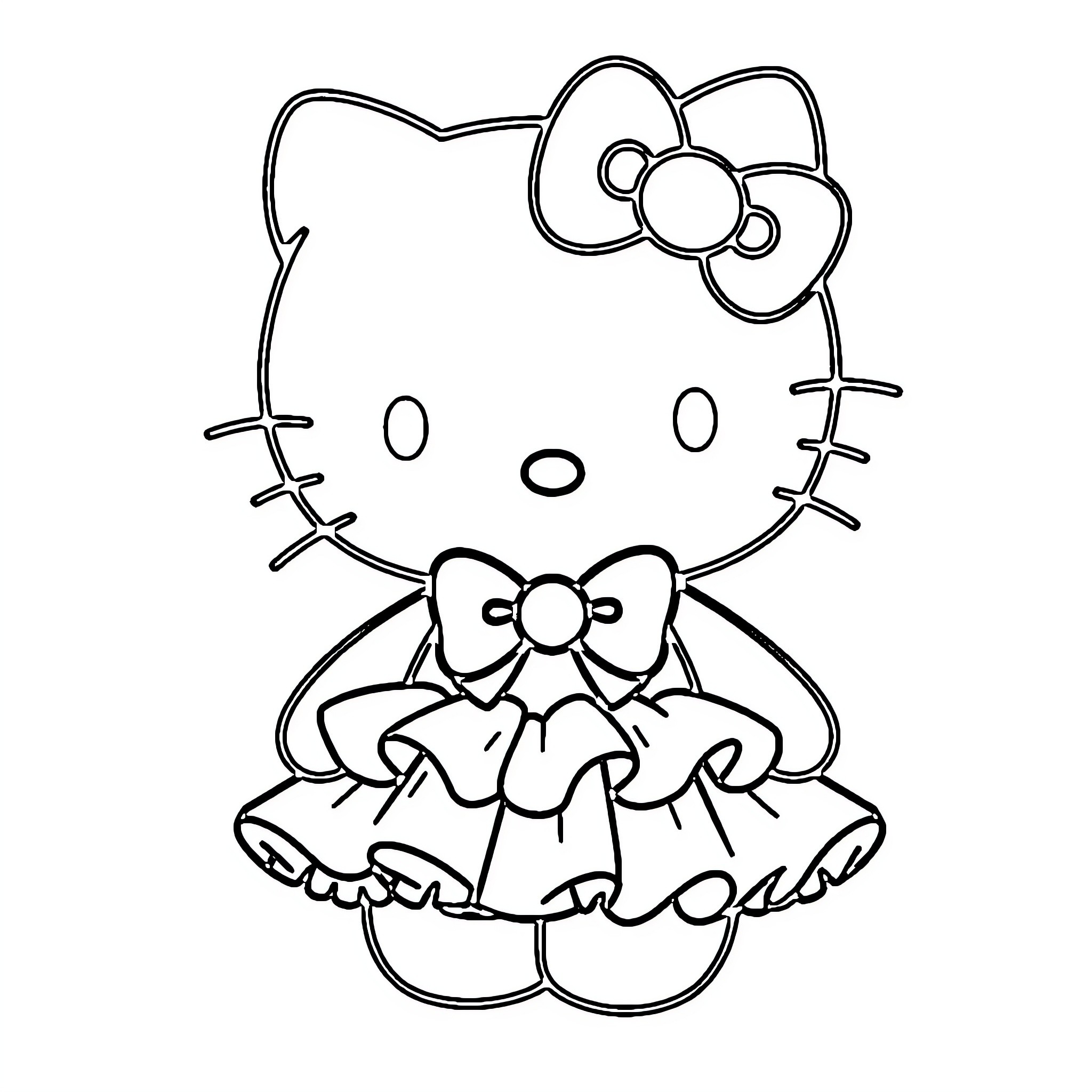 Hello Kitty in a Frilly Dress Coloring Page (free black-and-white line drawing printable PDF for all, from beginners to advanced learners, including children, teens, adults, and seniors)