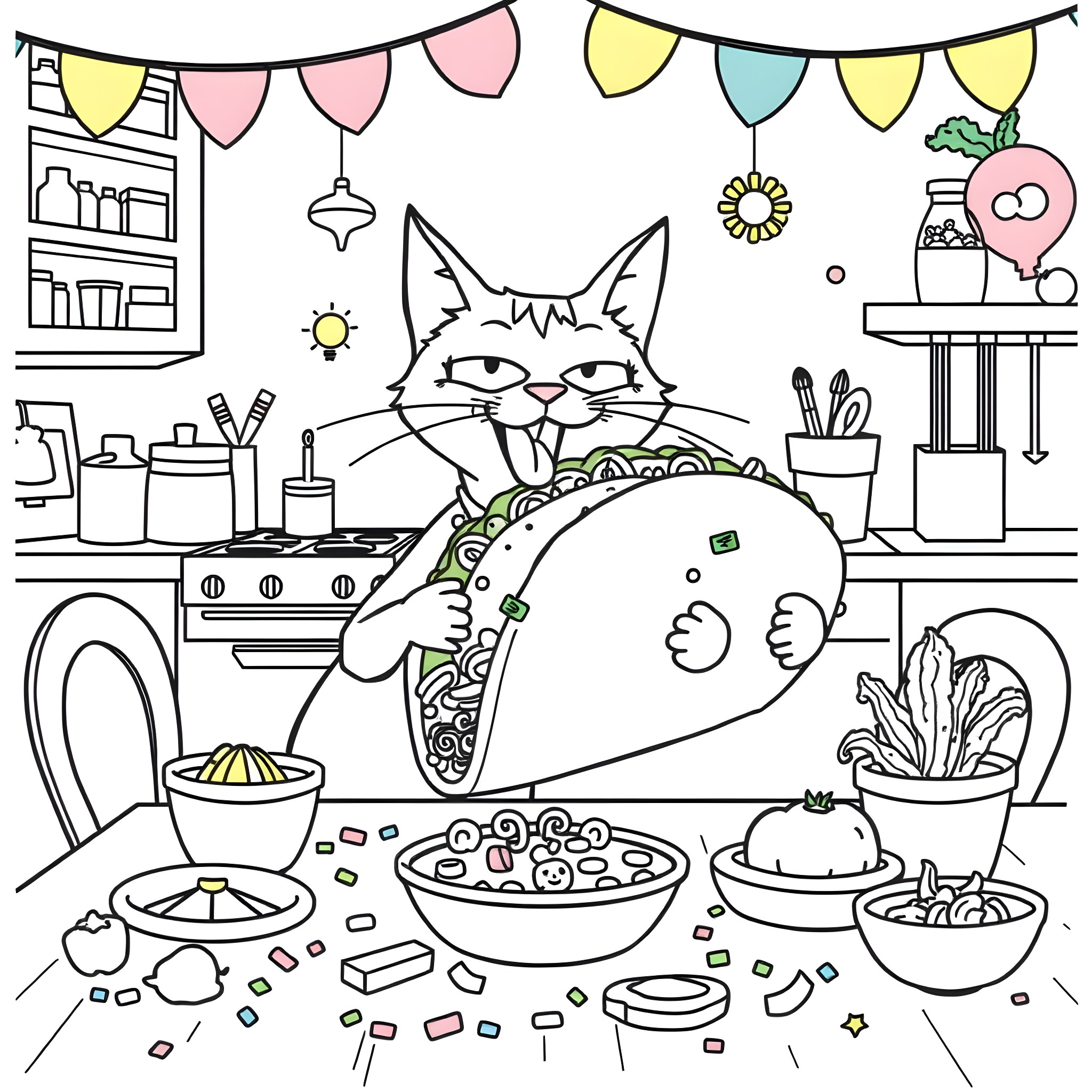 Pete the Cat enjoys a cozy kitchen scene Coloring Page (free black-and-white line drawing printable PDF for all, from beginners to advanced learners, including children, teens, adults, and seniors)