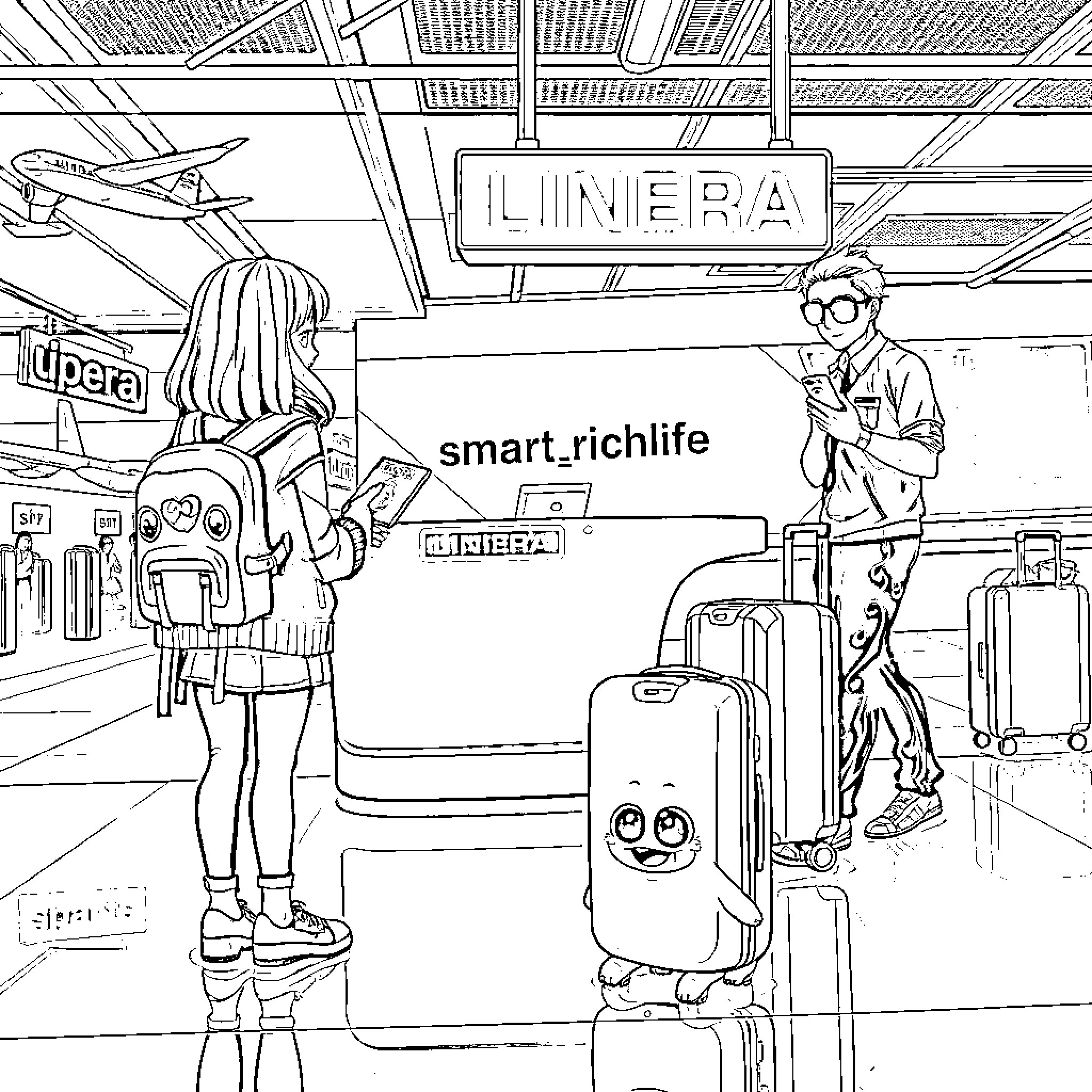 Airport Scene with Travelers and Luggage Coloring Page (free black-and-white line drawing printable PDF for all, from beginners to advanced learners, including children, teens, adults, and seniors)