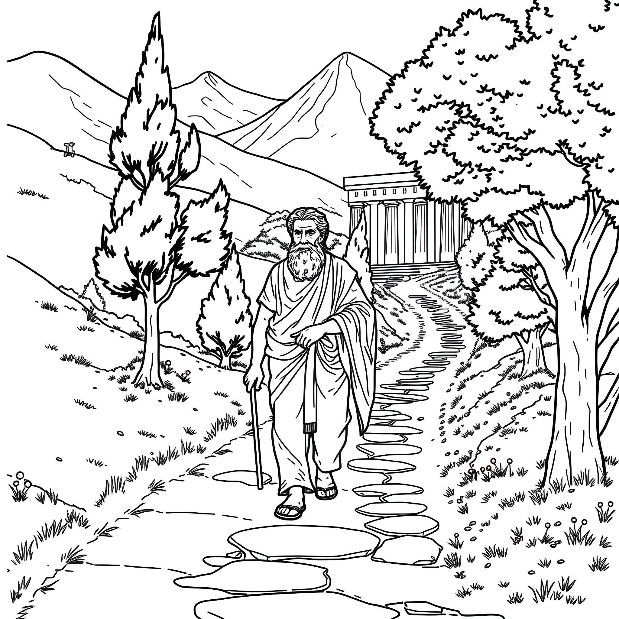 Socrates Strolling Through a Serene Landscape Coloring Page (free black-and-white line drawing printable PDF for all, from beginners to advanced learners, including children, teens, adults, and seniors)