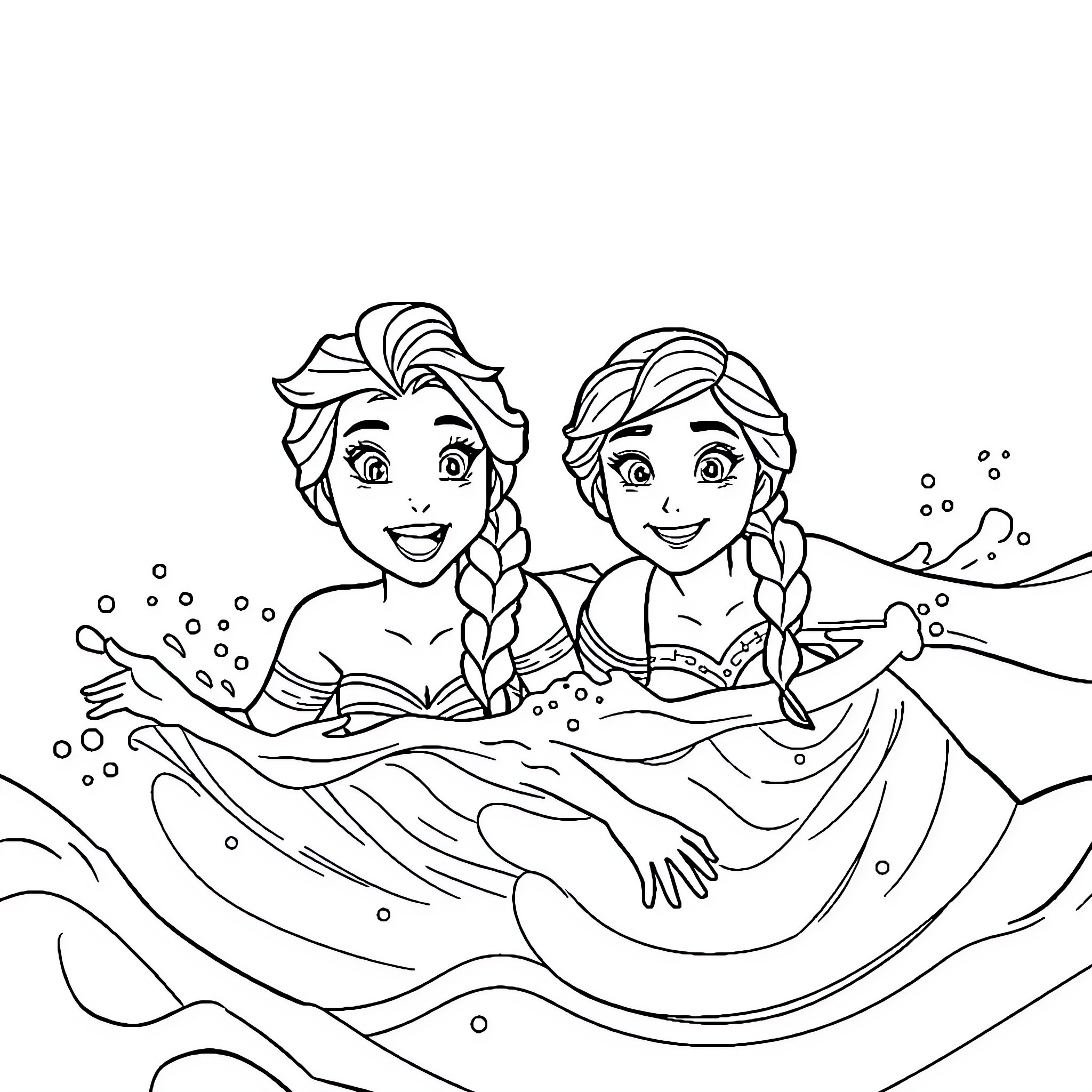 Elsa and Anna swimming in the ocean Coloring Page (free black-and-white line drawing printable PDF for all, from beginners to advanced learners, including children, teens, adults, and seniors)