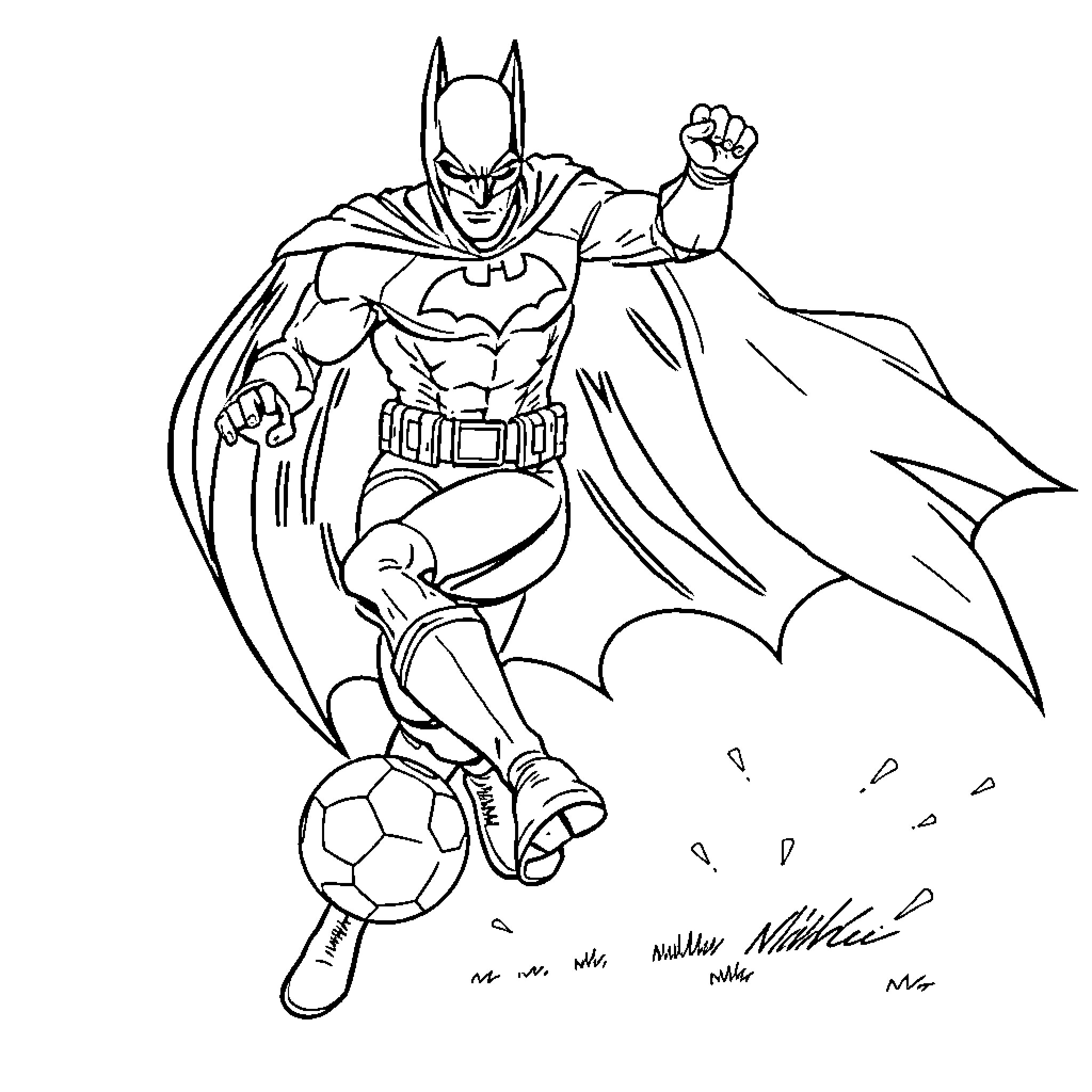 Batman in heroic pose with soccer ball Coloring Page (free black-and-white line drawing printable PDF for all, from beginners to advanced learners, including children, teens, adults, and seniors)