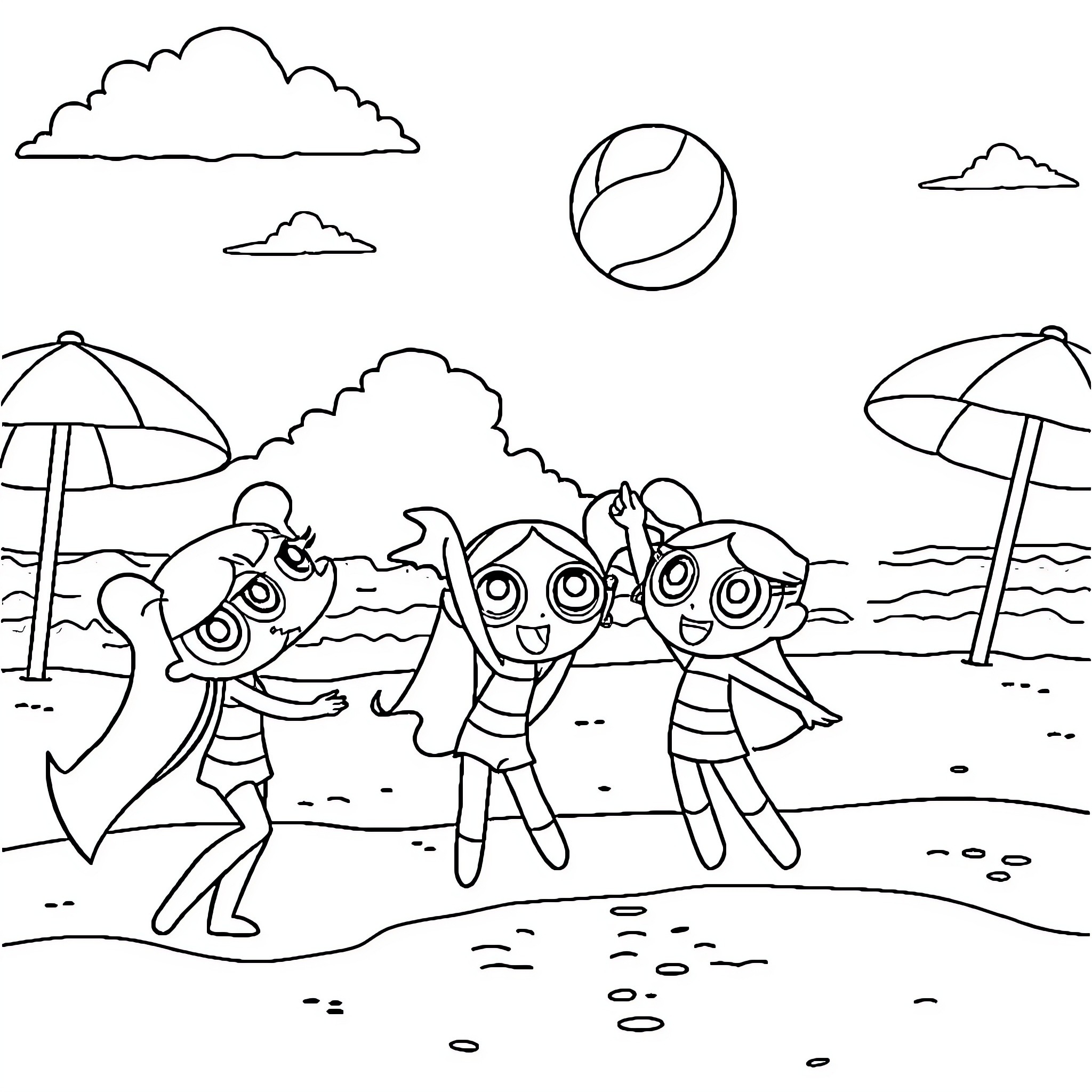 Superheroes enjoying a day at the beach Coloring Page (free black-and-white line drawing printable PDF for all, from beginners to advanced learners, including children, teens, adults, and seniors)