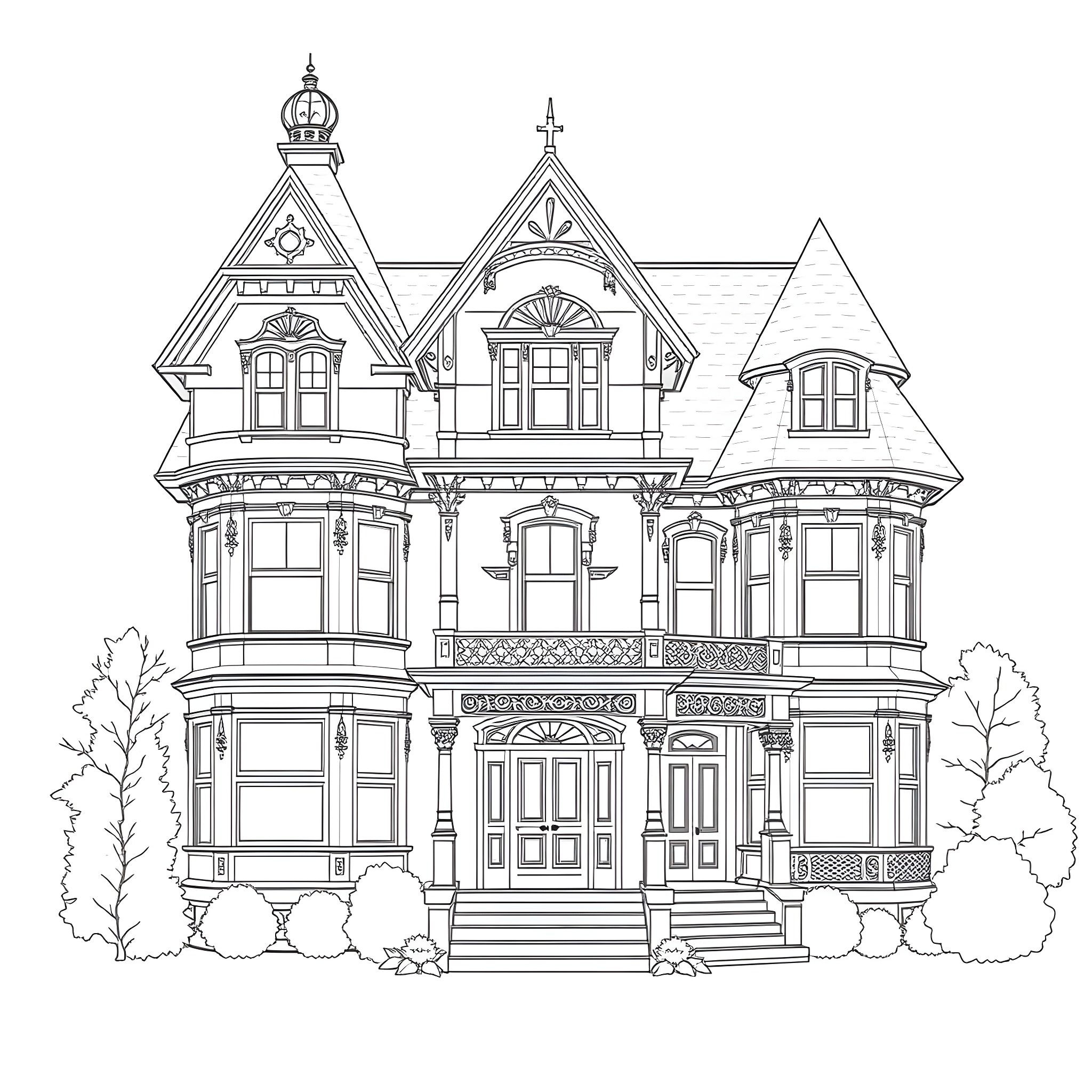 Victorian Mansion with Ornate Architecture Coloring Page (free black-and-white line drawing printable PDF for all, from beginners to advanced learners, including children, teens, adults, and seniors)