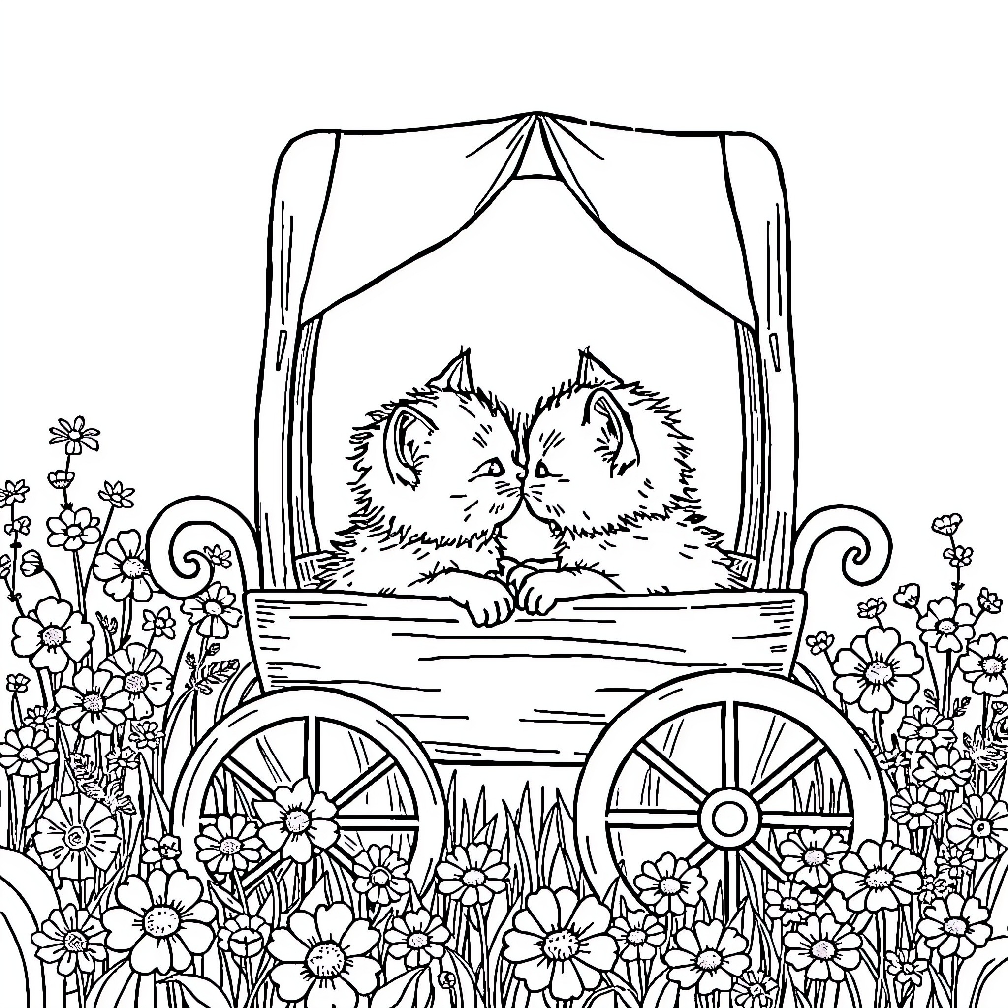 Kitten Riding in Floral Wagon Coloring Page (free black-and-white line drawing printable PDF for all, from beginners to advanced learners, including children, teens, adults, and seniors)