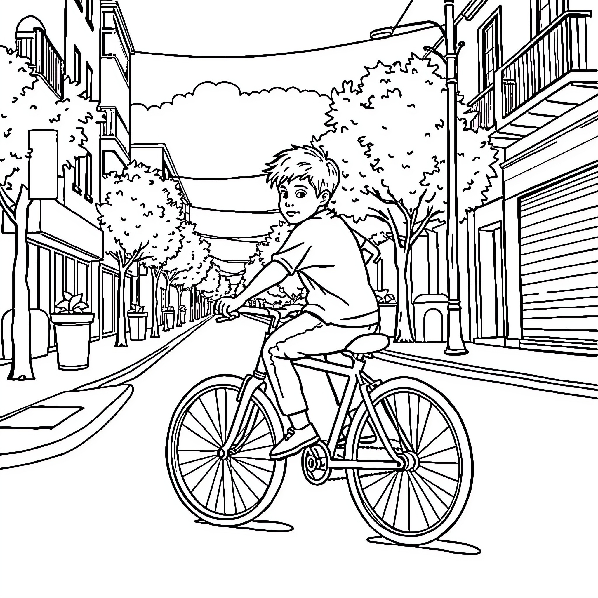 Boy riding bicycle on a city street Coloring Page (free black-and-white line drawing printable PDF for all, from beginners to advanced learners, including children, teens, adults, and seniors)