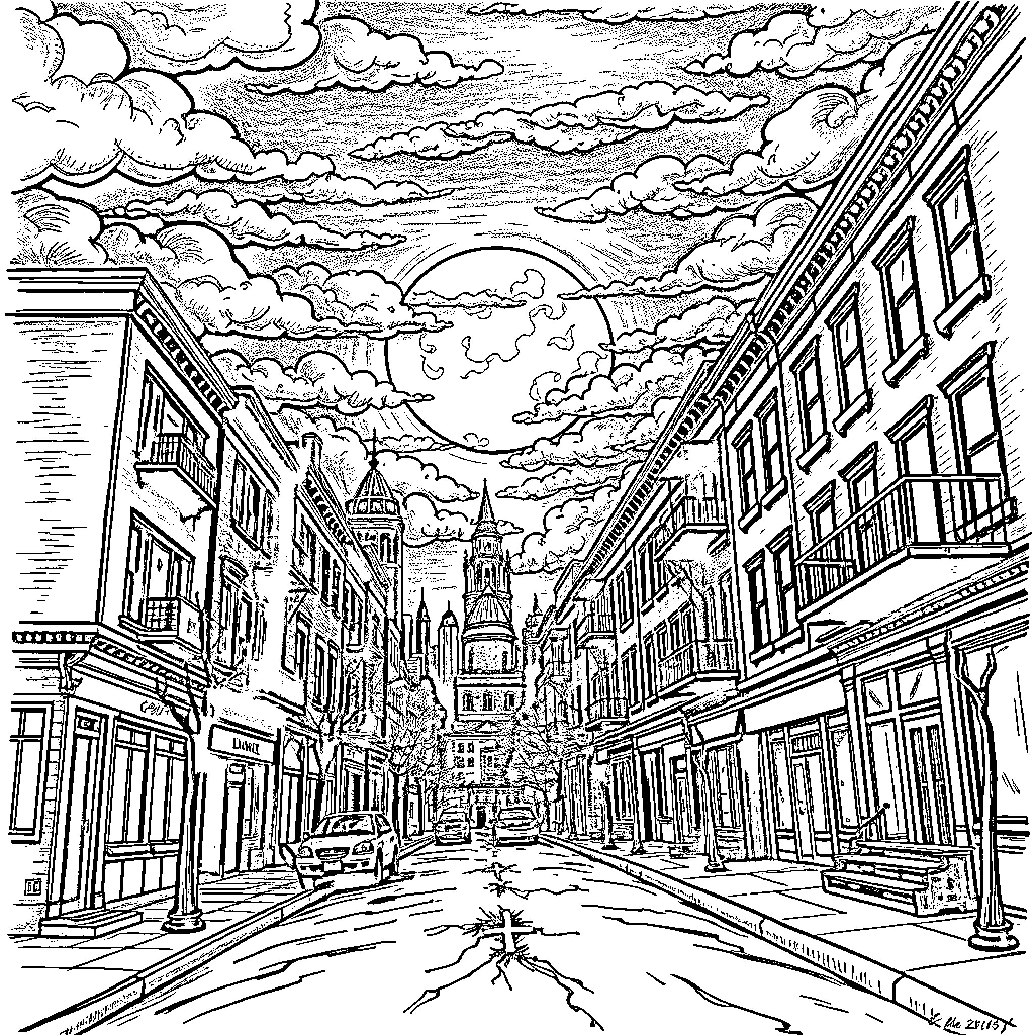 Night Streets of a Historic Town Coloring Page (free black-and-white line drawing printable PDF for all, from beginners to advanced learners, including children, teens, adults, and seniors)