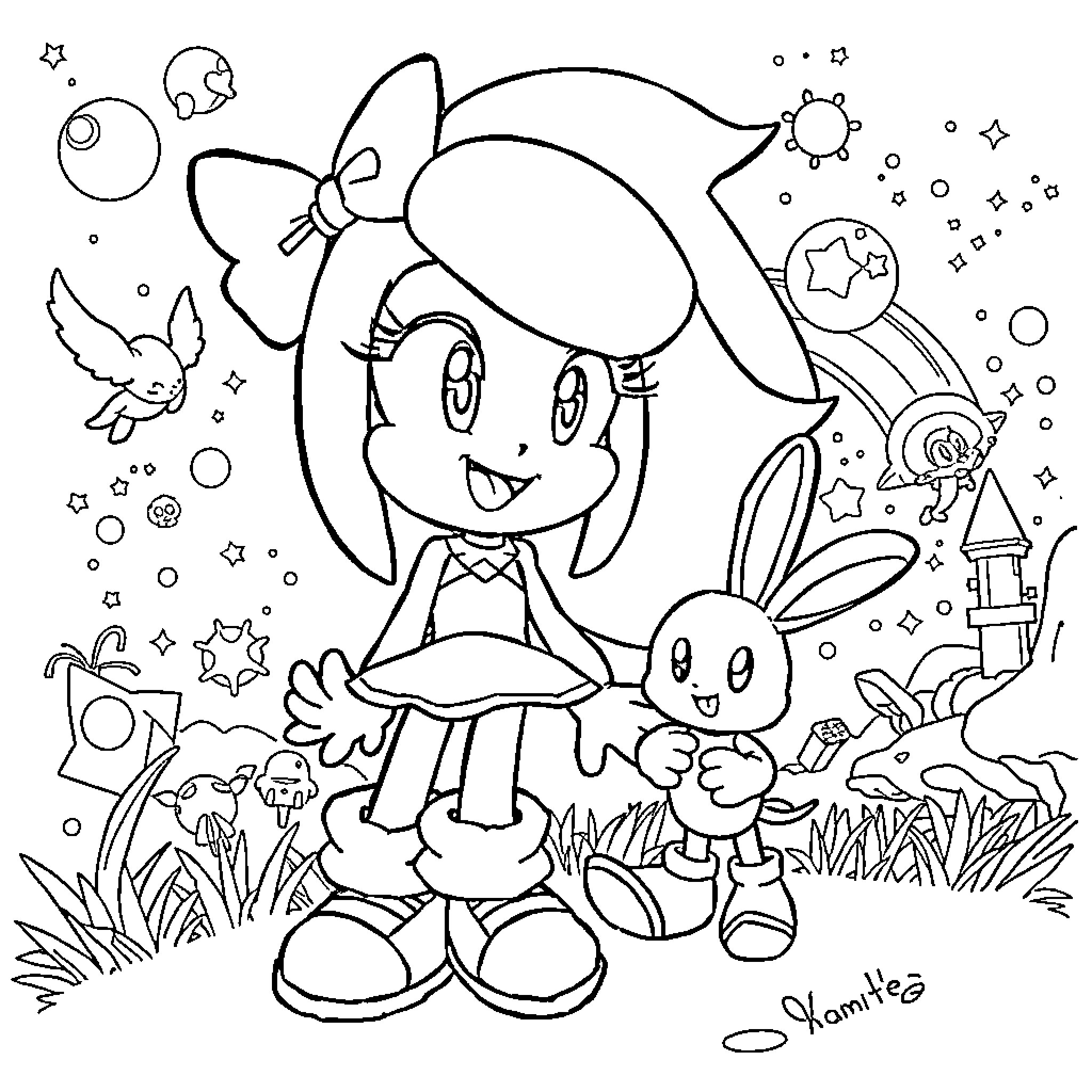 Sonic character in whimsical fantasy world Coloring Page (free black-and-white line drawing printable PDF for all, from beginners to advanced learners, including children, teens, adults, and seniors)