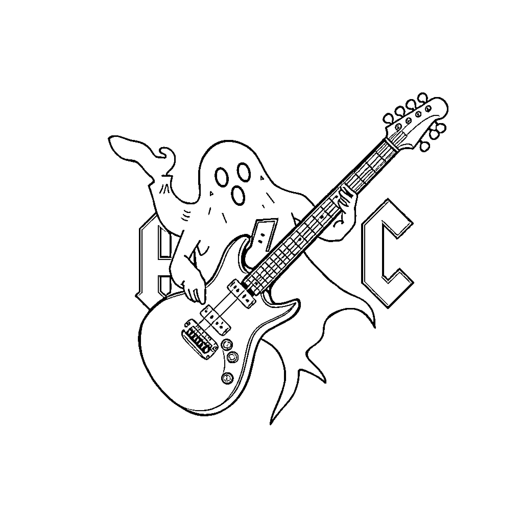 ACDC Symbol: Ghost playing electric guitar Coloring Page (free black-and-white line drawing printable PDF for all, from beginners to advanced learners, including children, teens, adults, and seniors)