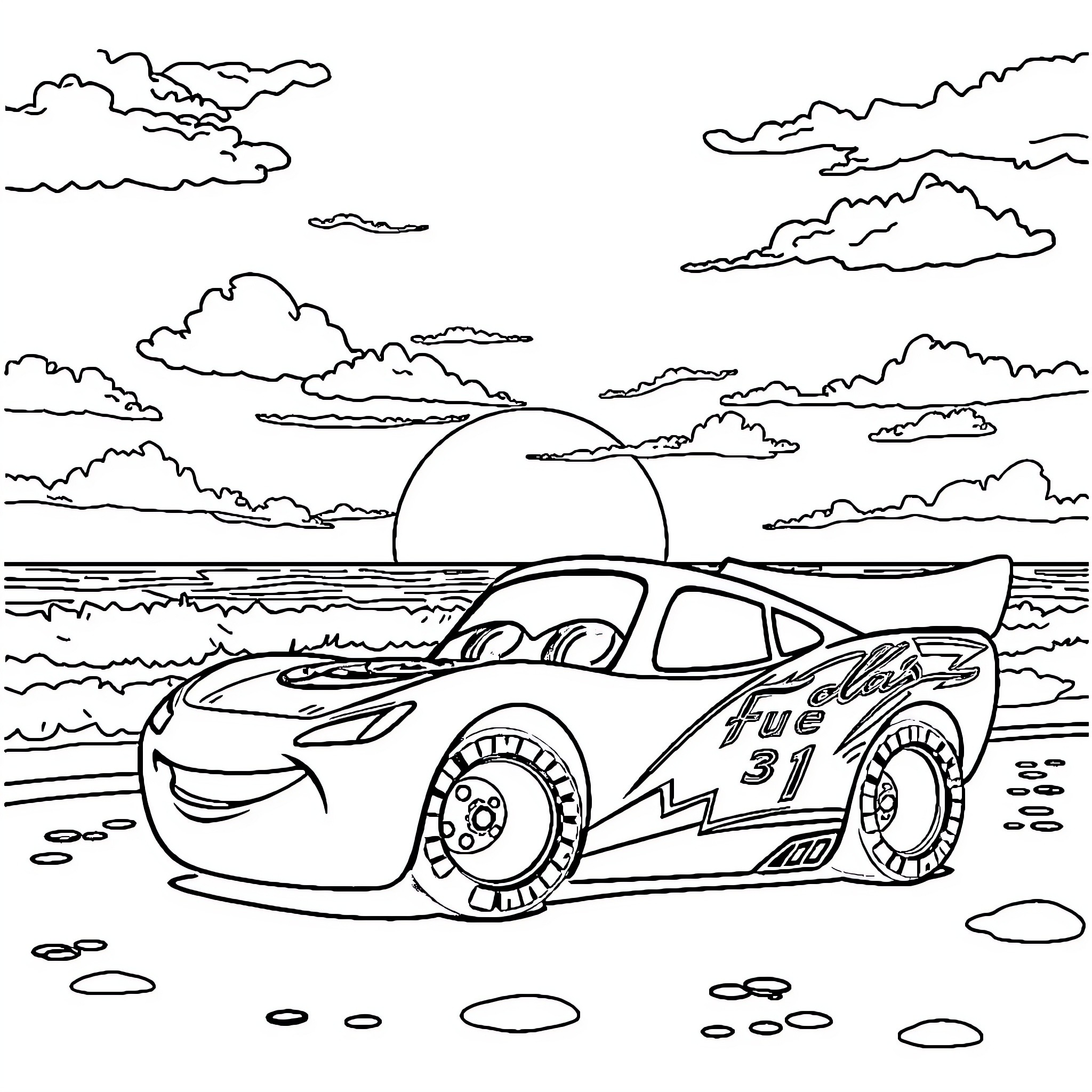Flash McQueen's high-speed adventure on the beach Coloring Page (free black-and-white line drawing printable PDF for all, from beginners to advanced learners, including children, teens, adults, and seniors)