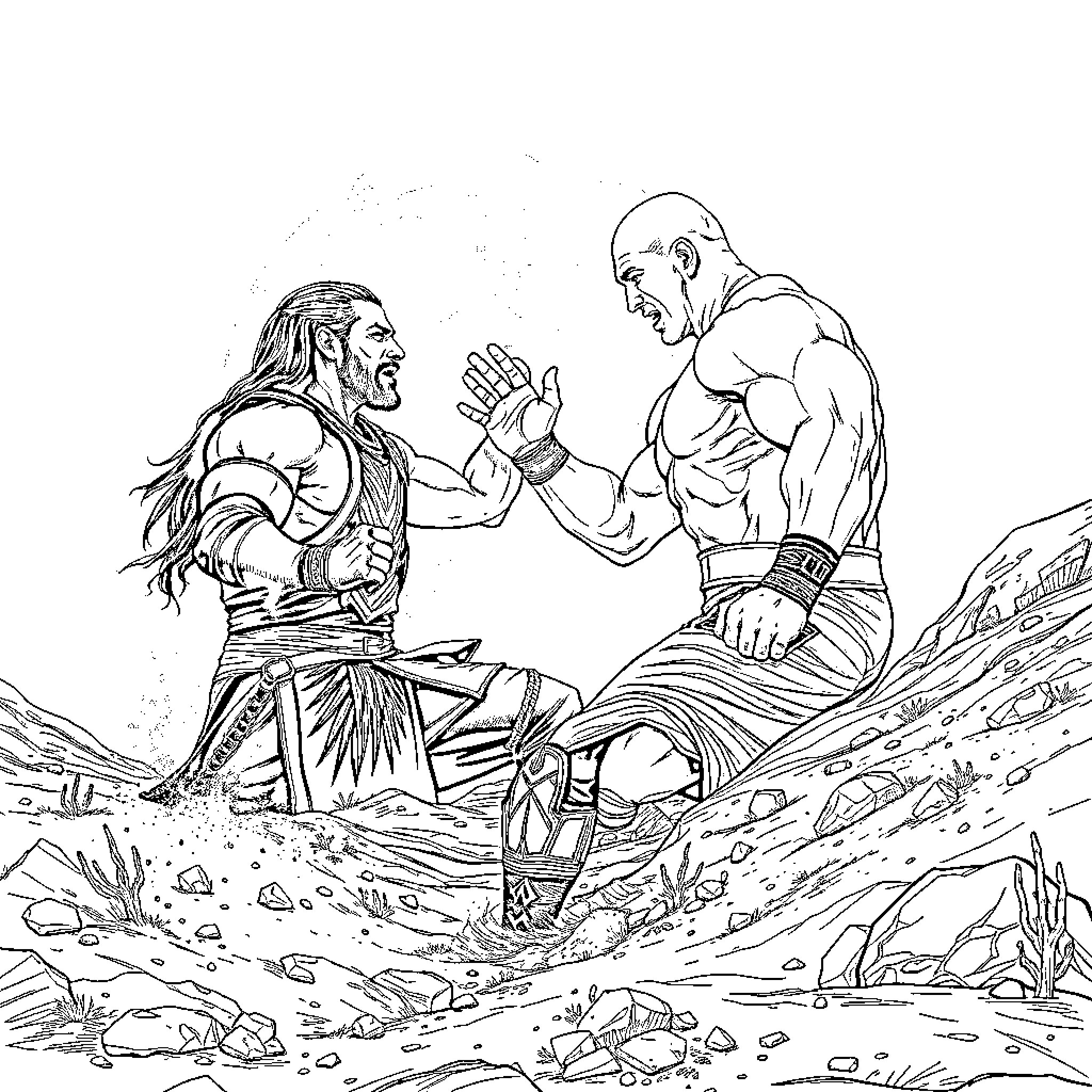Roman Reigns in Intense Confrontation with Warrior Coloring Page (free black-and-white line drawing printable PDF for all, from beginners to advanced learners, including children, teens, adults, and seniors)