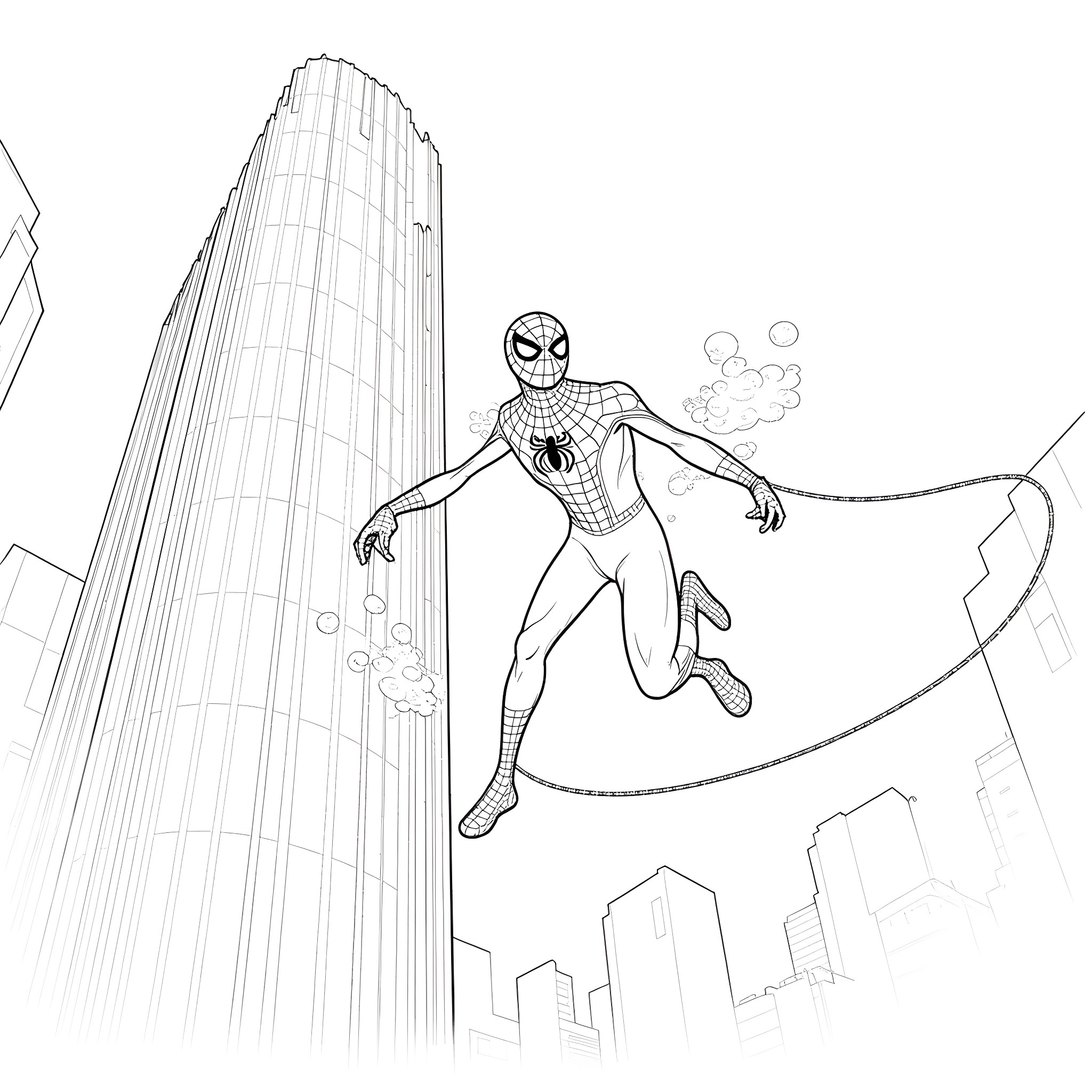 Spiderman web-swinging through the city skyline Coloring Page (free black-and-white line drawing printable PDF for all, from beginners to advanced learners, including children, teens, adults, and seniors)