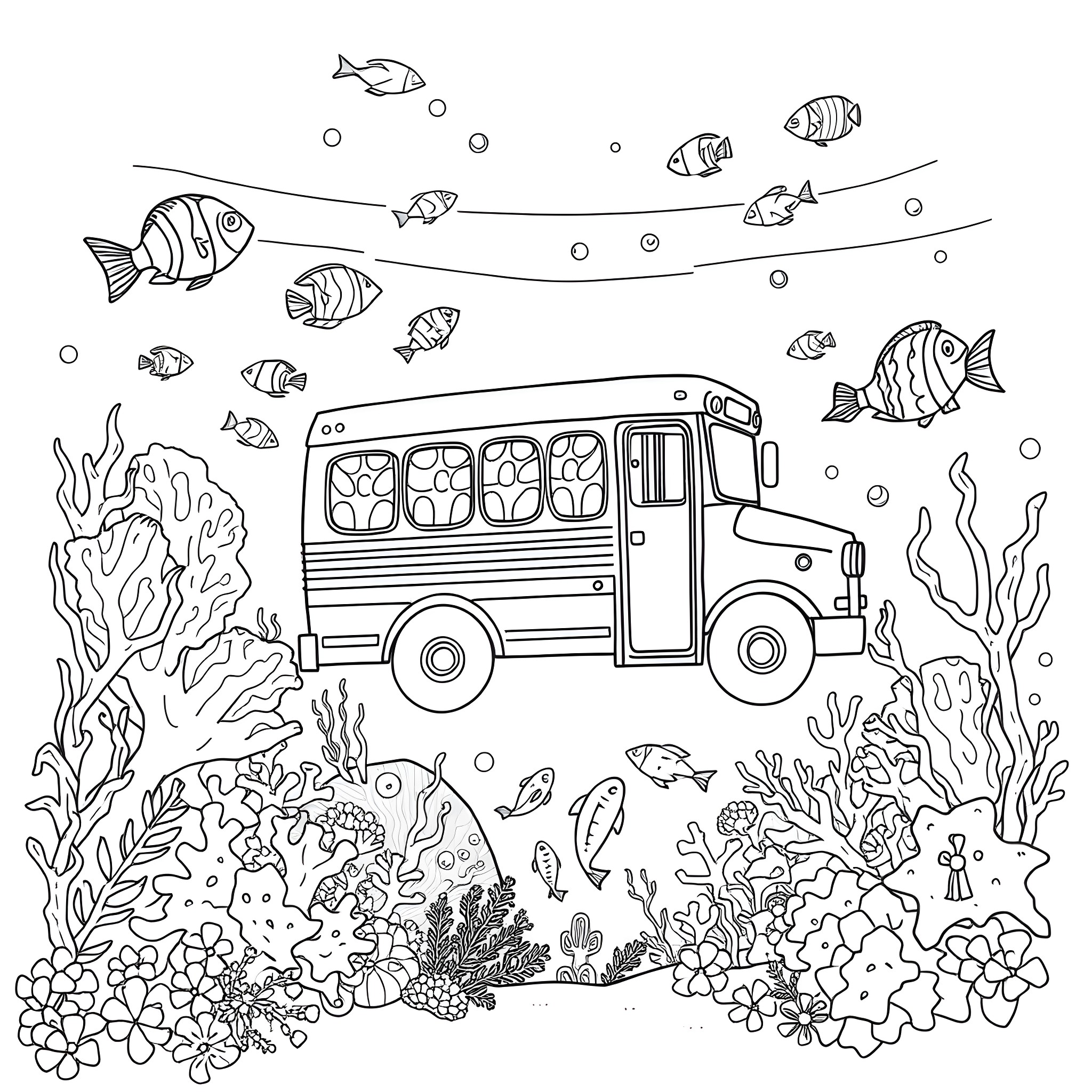 Bus Exploring Underwater Marine Life Coloring Page (free black-and-white line drawing printable PDF for all, from beginners to advanced learners, including children, teens, adults, and seniors)