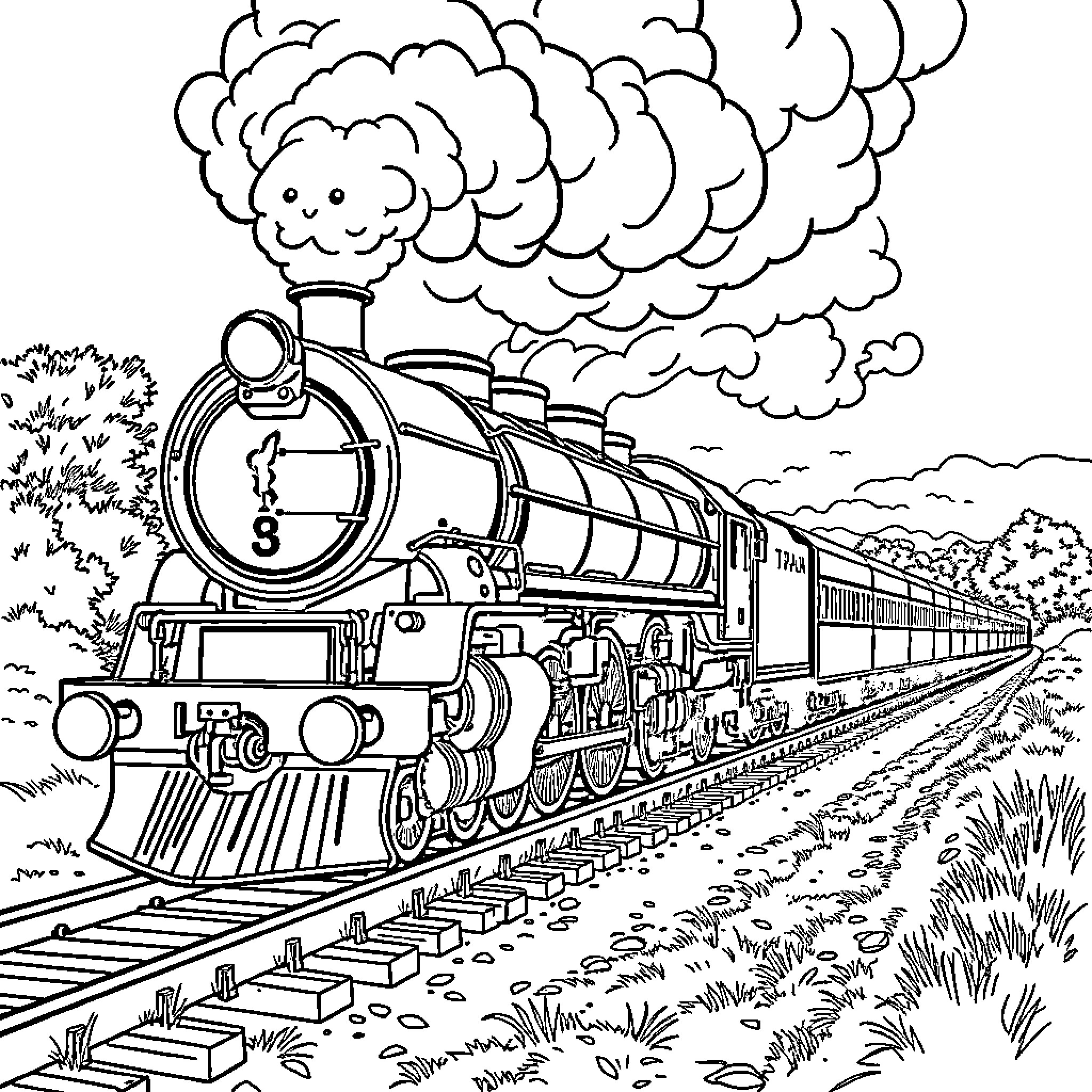 Train traveling through scenic landscape Coloring Page (free black-and-white line drawing printable PDF for all, from beginners to advanced learners, including children, teens, adults, and seniors)