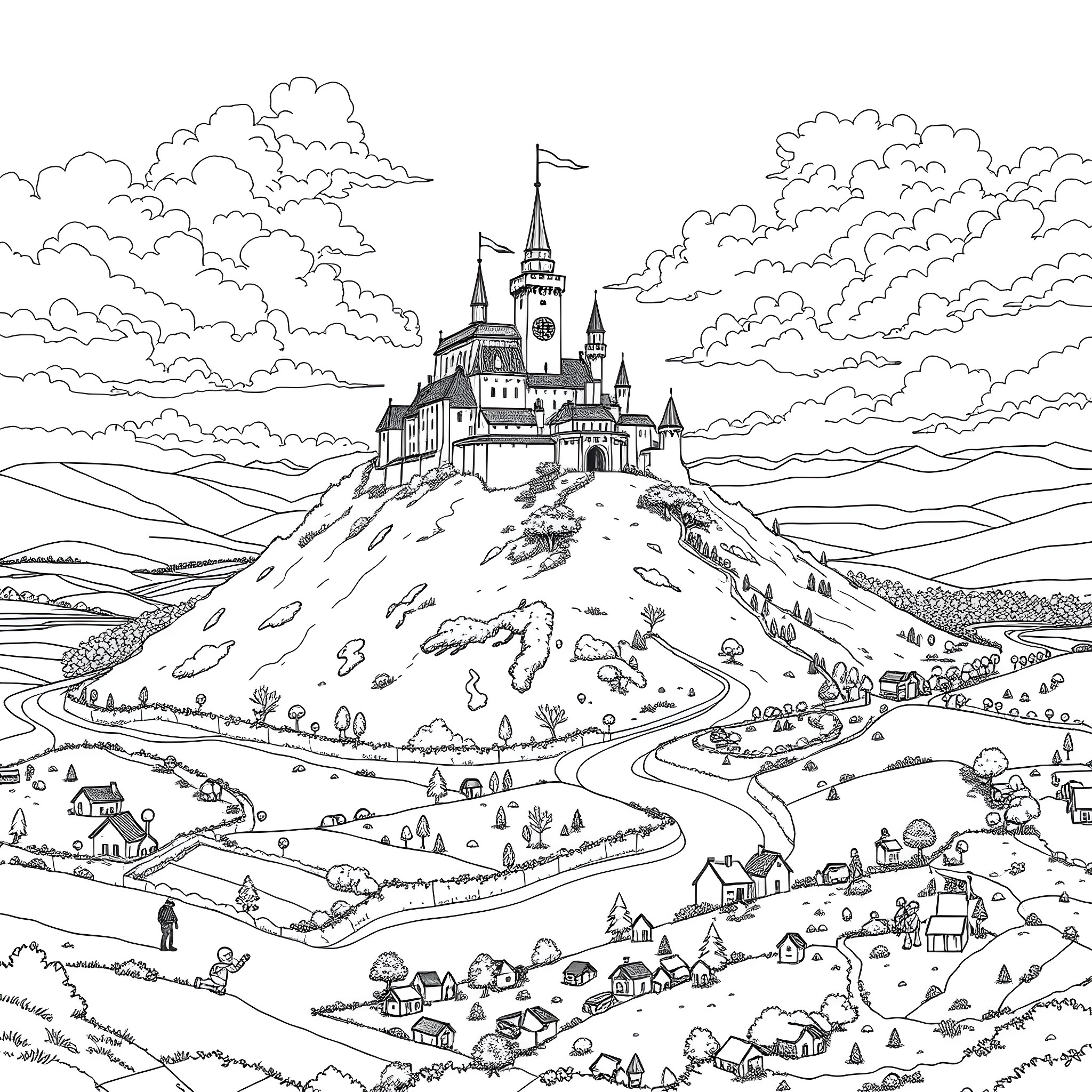 Kingdom of the Majestic Castle amid Whimsical Clouds Coloring Page (free black-and-white line drawing printable PDF for all, from beginners to advanced learners, including children, teens, adults, and seniors)
