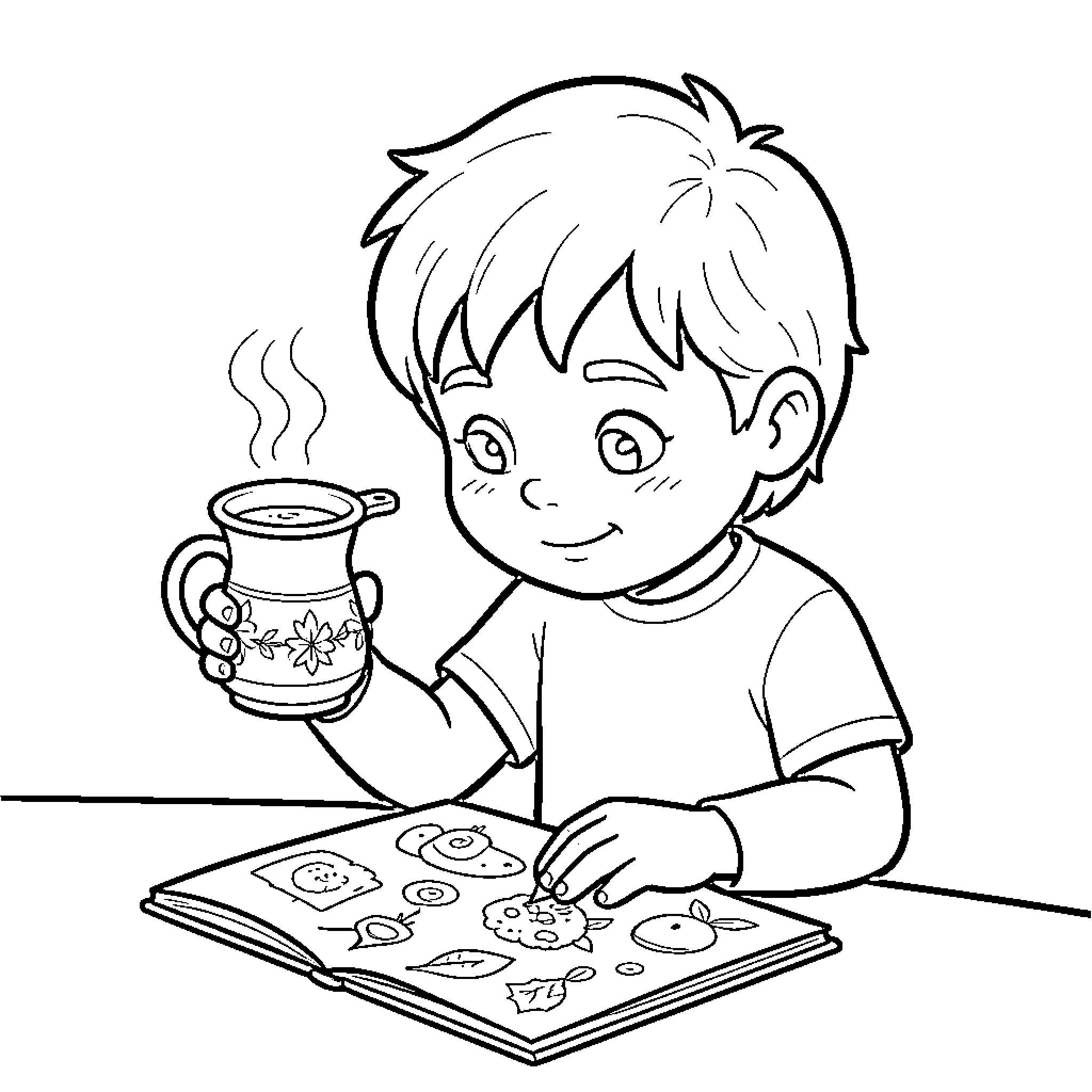 Carpinho boy drinking warm tea while reading a book Coloring Page (free black-and-white line drawing printable PDF for all, from beginners to advanced learners, including children, teens, adults, and seniors)
