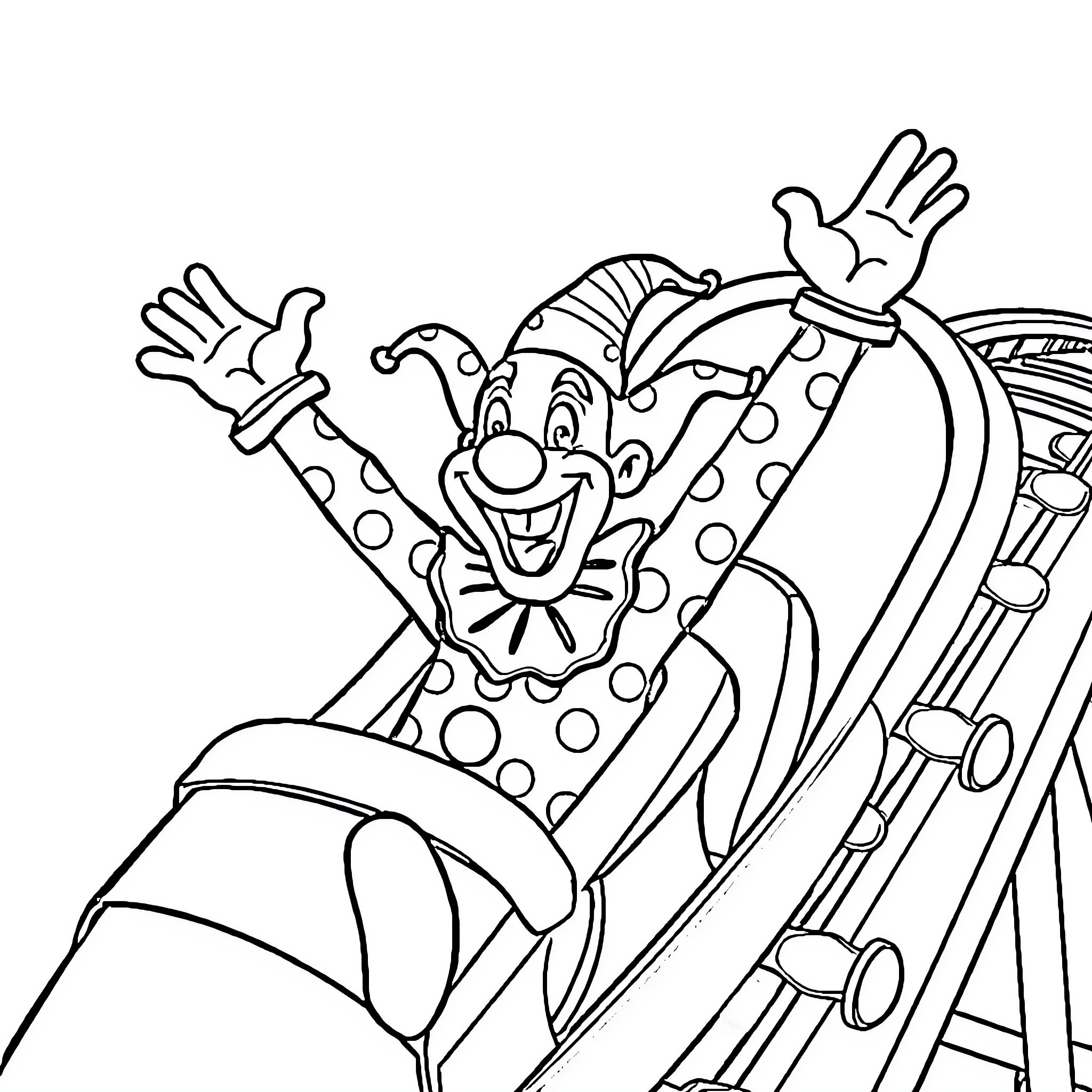 Slappy the Clown's Amusing Antics Coloring Page (free black-and-white line drawing printable PDF for all, from beginners to advanced learners, including children, teens, adults, and seniors)