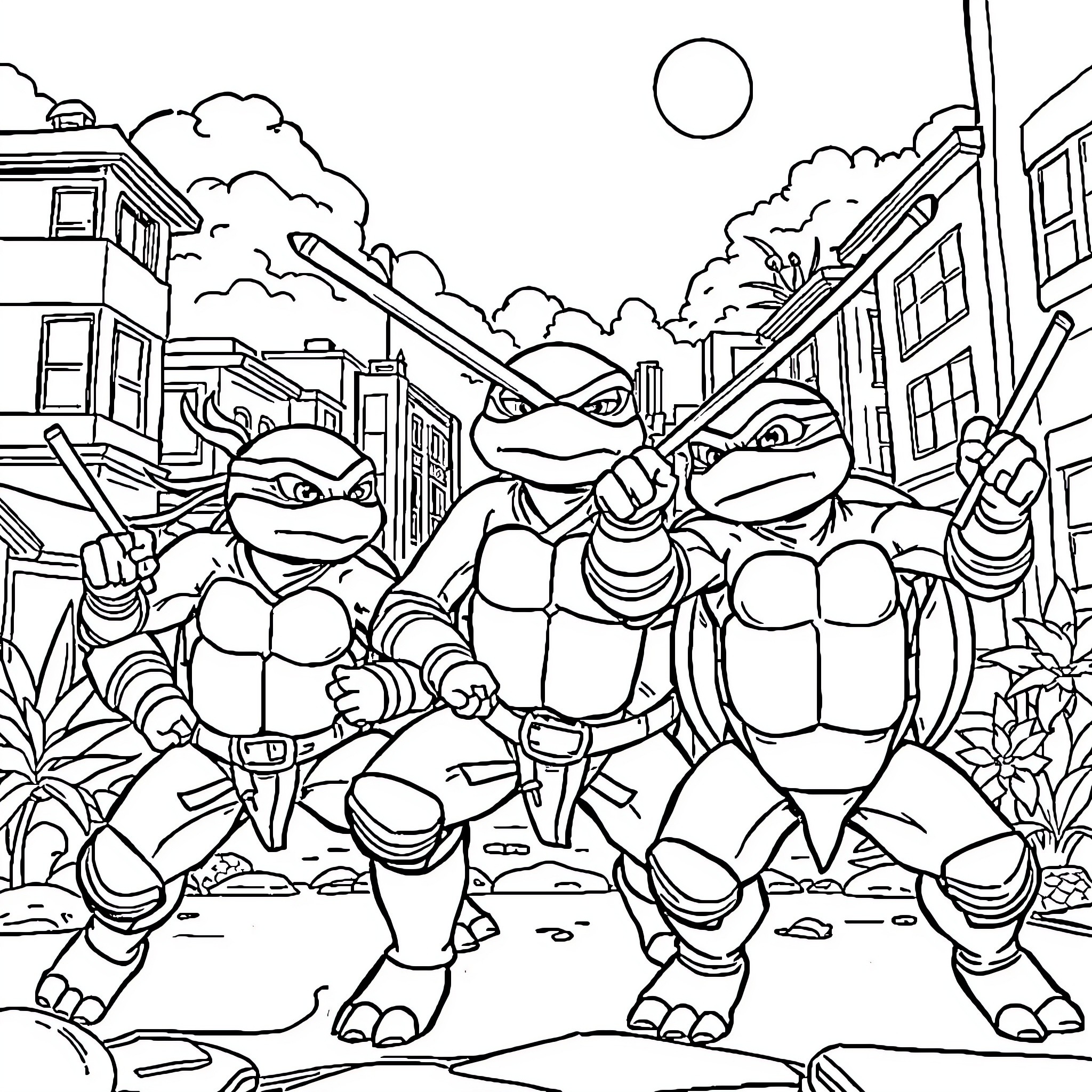 Ninja Turtles battle in urban setting Coloring Page (free black-and-white line drawing printable PDF for all, from beginners to advanced learners, including children, teens, adults, and seniors)