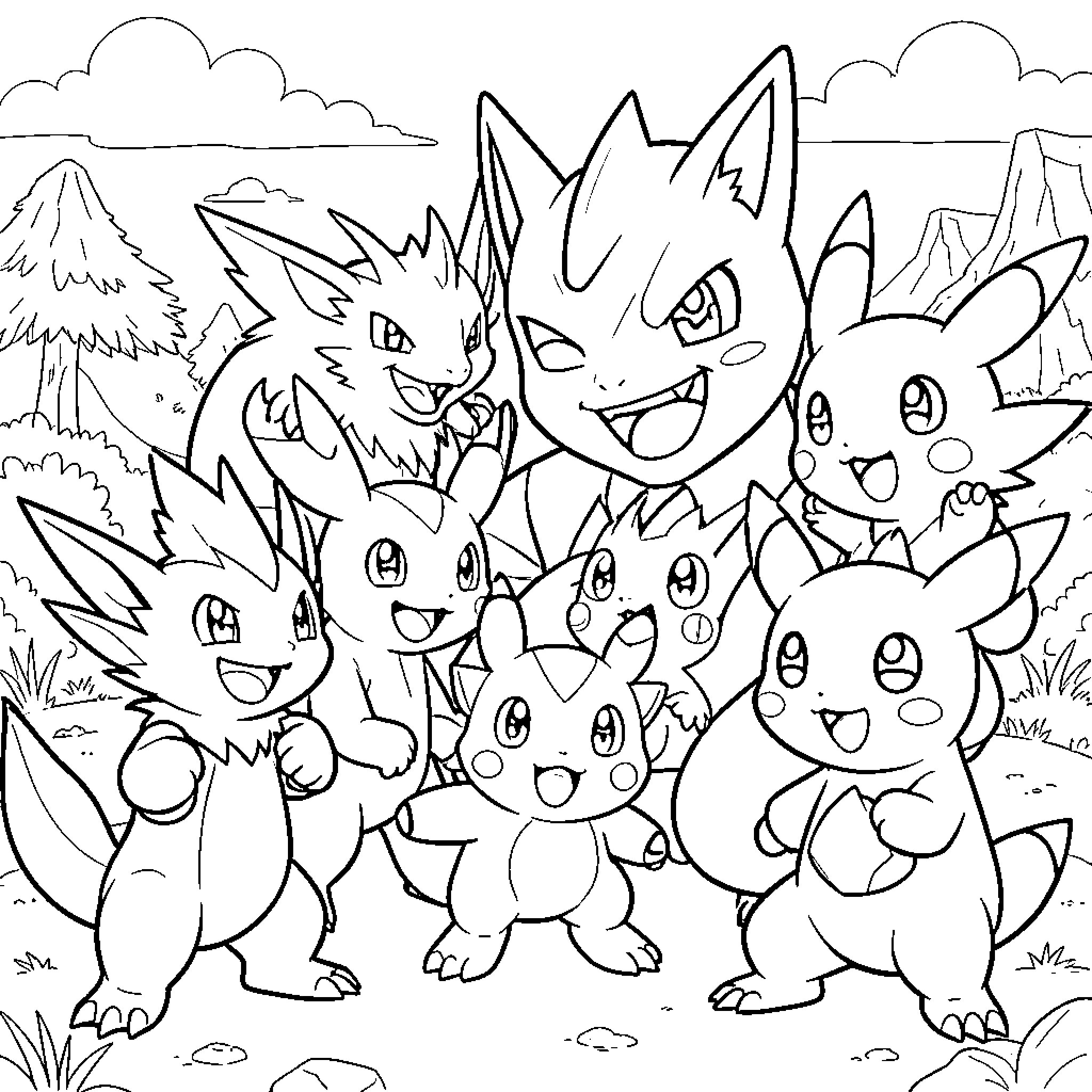 Digimon and Pokémon characters in a lively outdoor scene Coloring Page (free black-and-white line drawing printable PDF for all, from beginners to advanced learners, including children, teens, adults, and seniors)