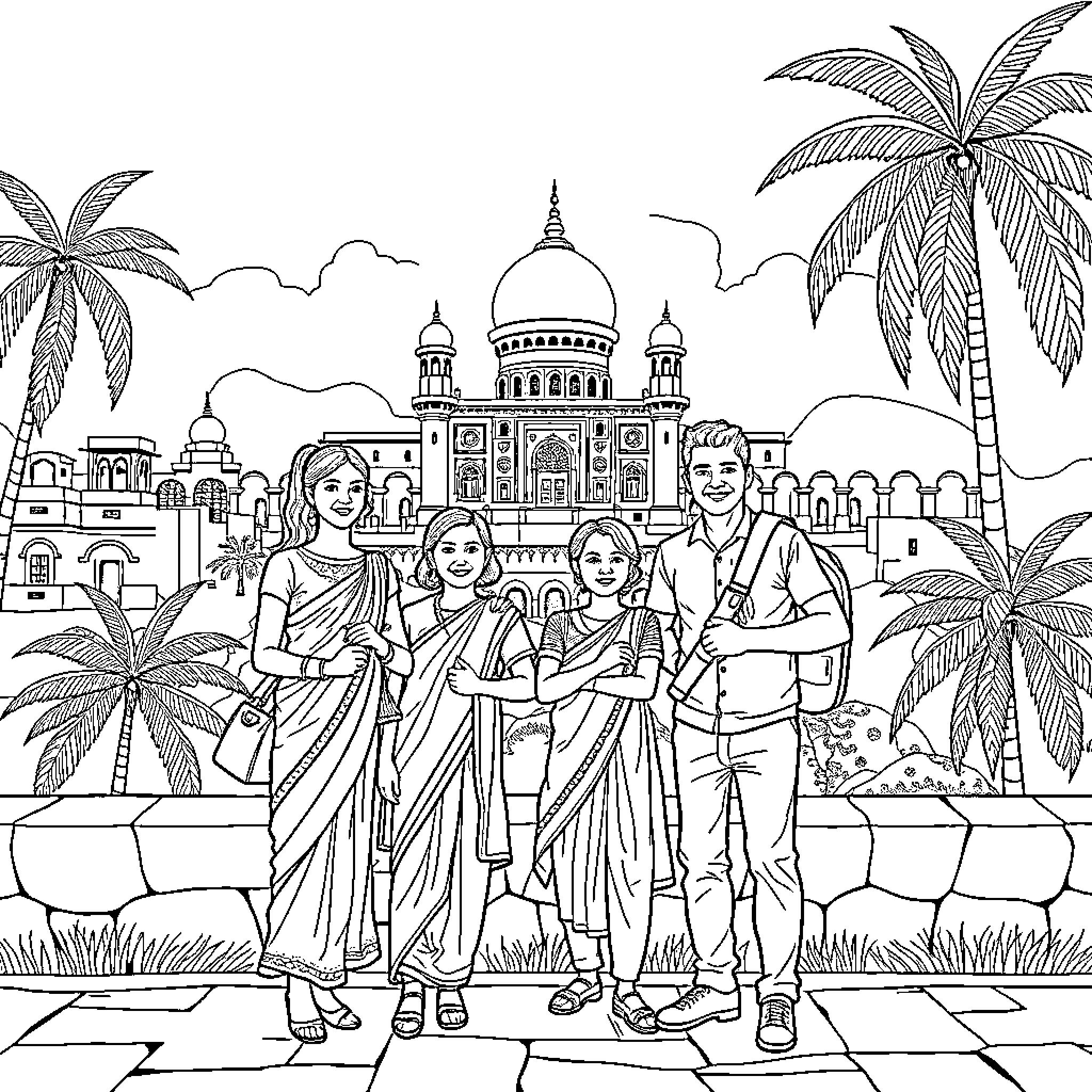 Family posing in front of a grand palace Coloring Page (free black-and-white line drawing printable PDF for all, from beginners to advanced learners, including children, teens, adults, and seniors)