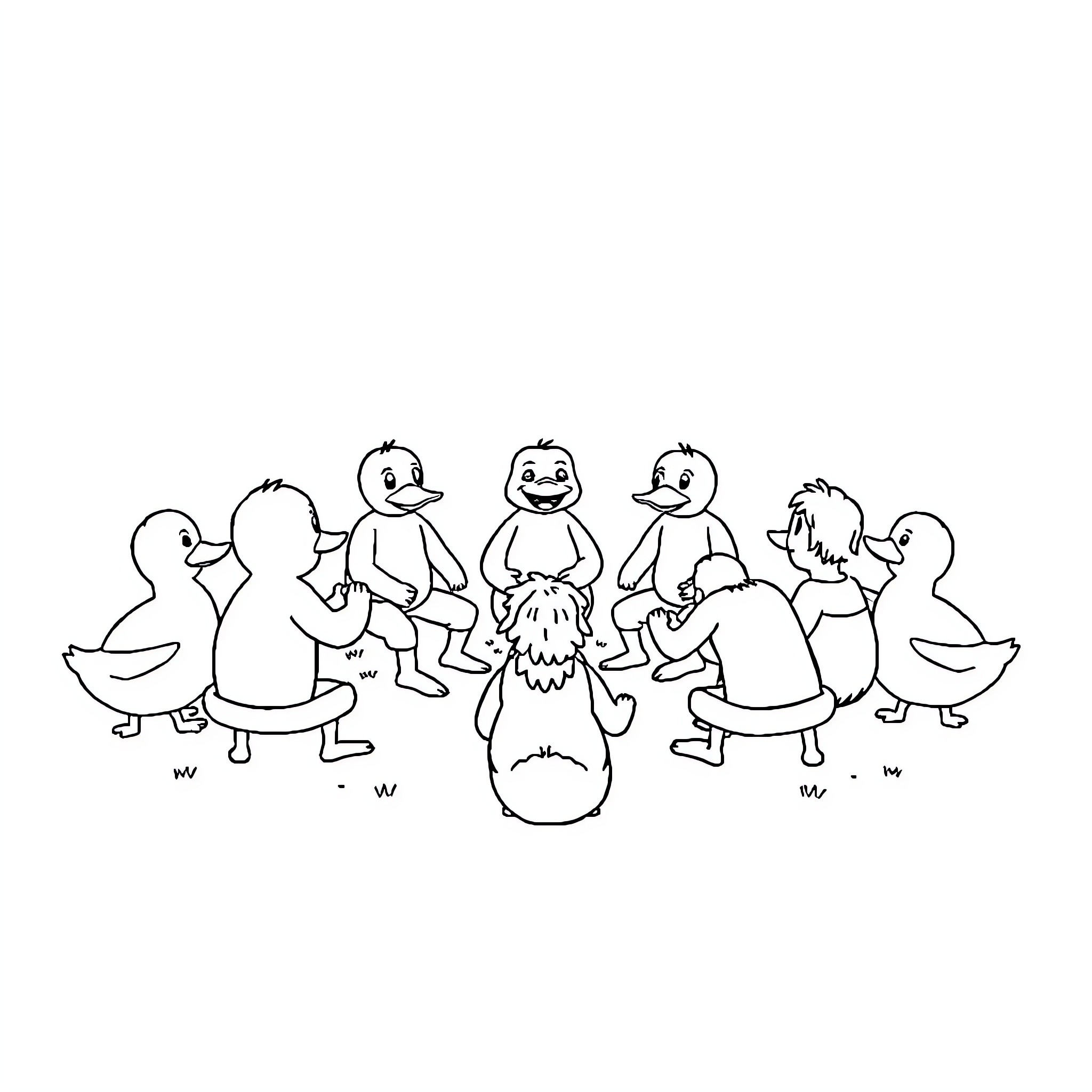 Duck family playing and dancing together Coloring Page (free black-and-white line drawing printable PDF for all, from beginners to advanced learners, including children, teens, adults, and seniors)