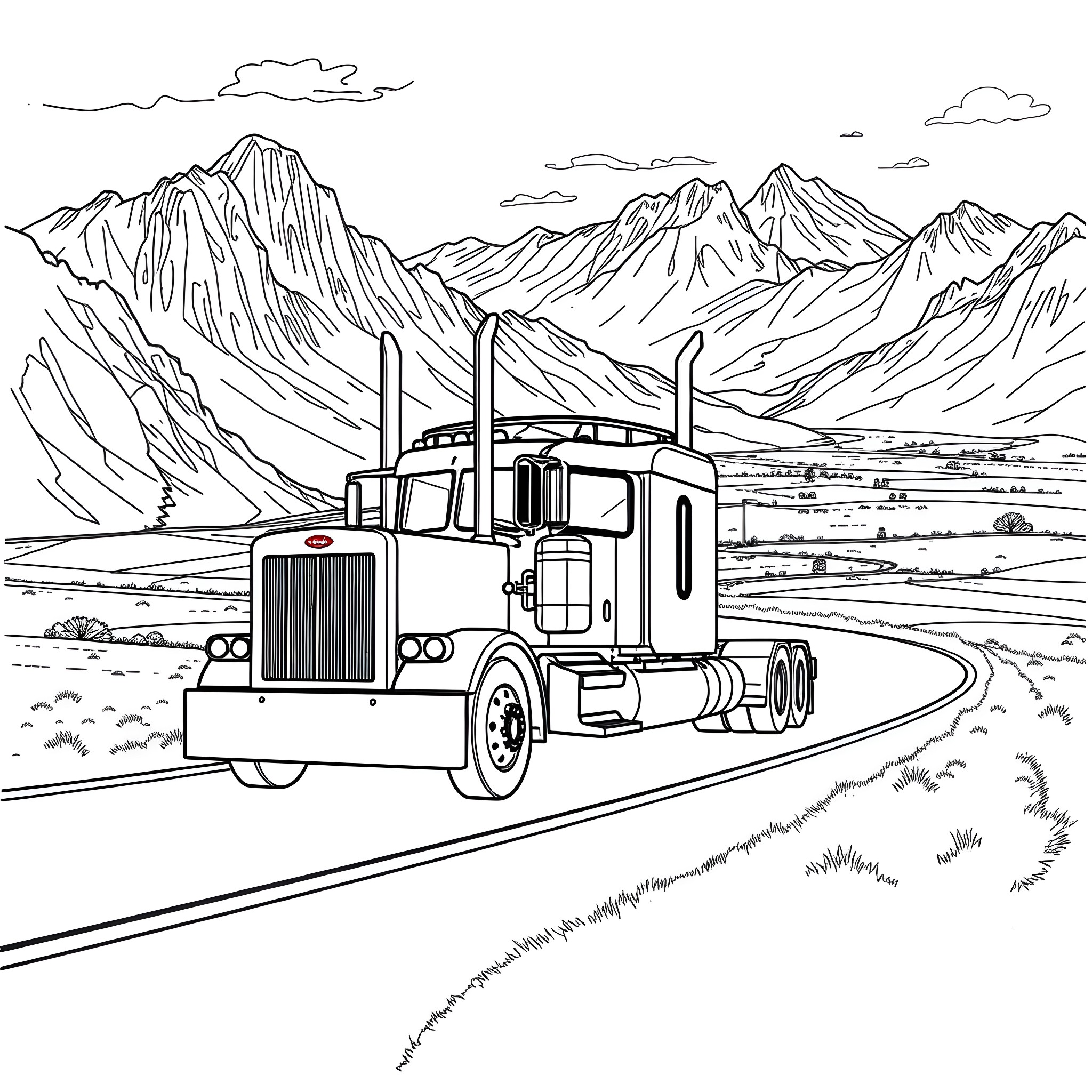 Peterbilt truck traveling through scenic mountain landscape Coloring Page (free black-and-white line drawing printable PDF for all, from beginners to advanced learners, including children, teens, adults, and seniors)