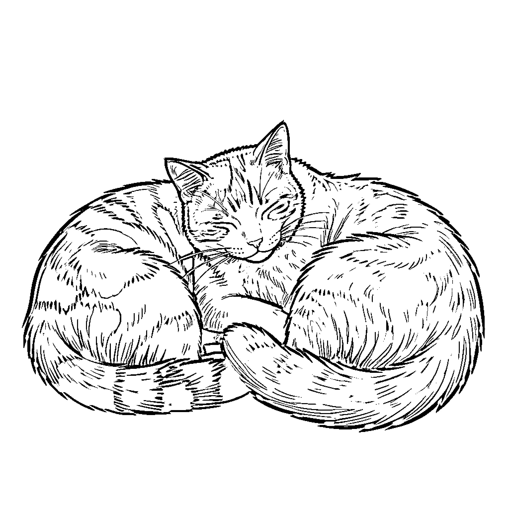Cat curled up sleeping in basket Coloring Page (free black-and-white line drawing printable PDF for all, from beginners to advanced learners, including children, teens, adults, and seniors)
