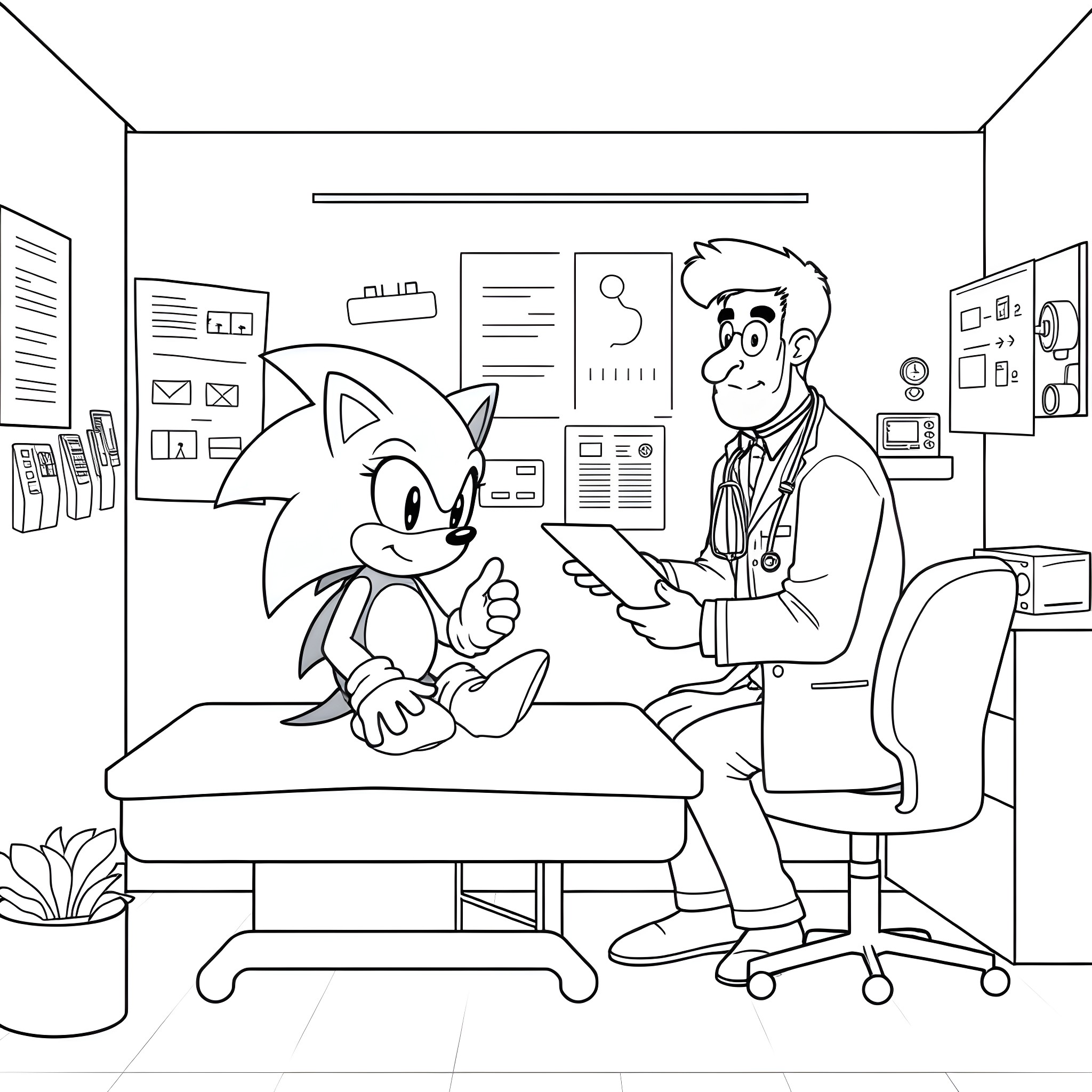 Sonic Visiting the Doctor for a Checkup Coloring Page (free black-and-white line drawing printable PDF for all, from beginners to advanced learners, including children, teens, adults, and seniors)
