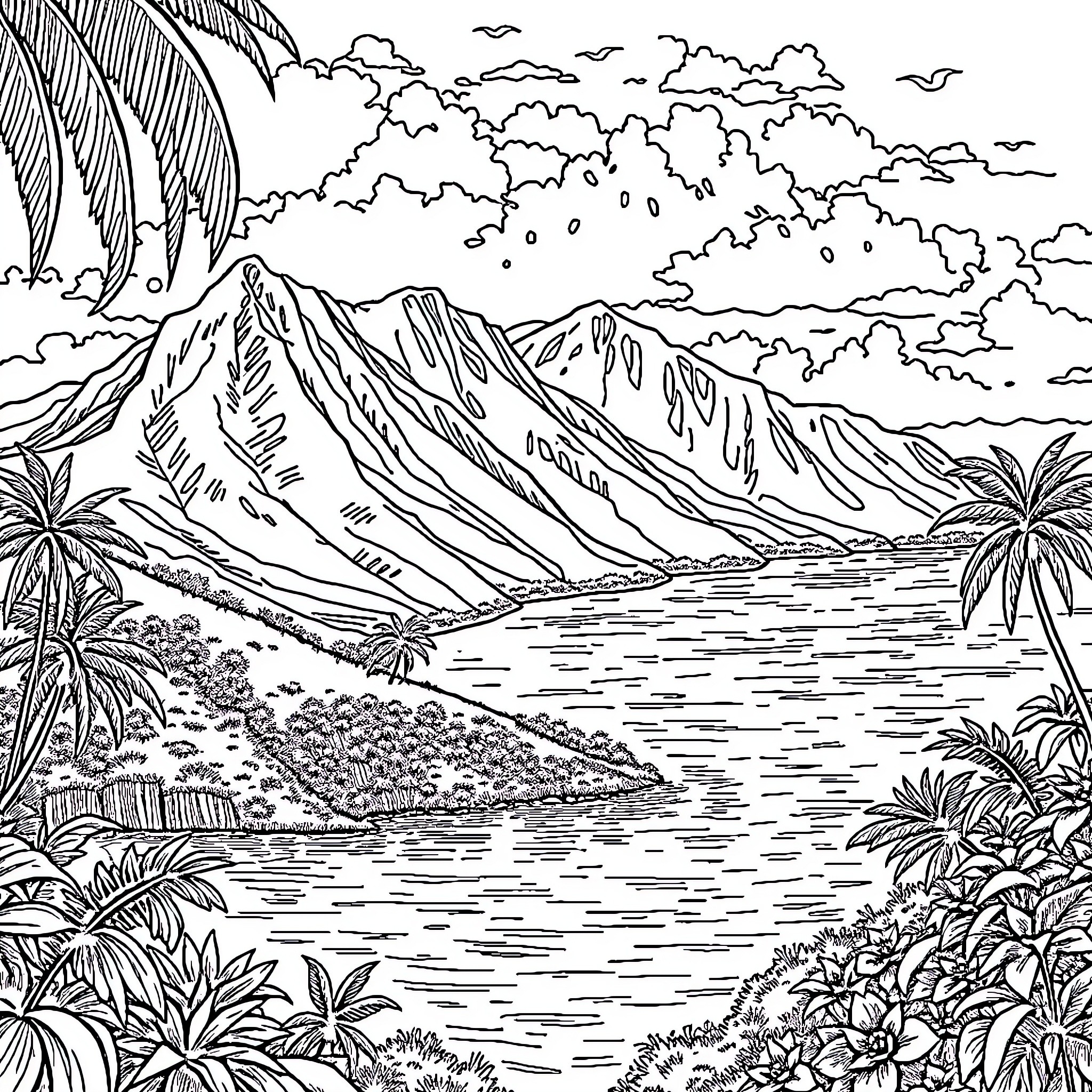 Réunion of tropical paradise with mountain landscape Coloring Page (free black-and-white line drawing printable PDF for all, from beginners to advanced learners, including children, teens, adults, and seniors)