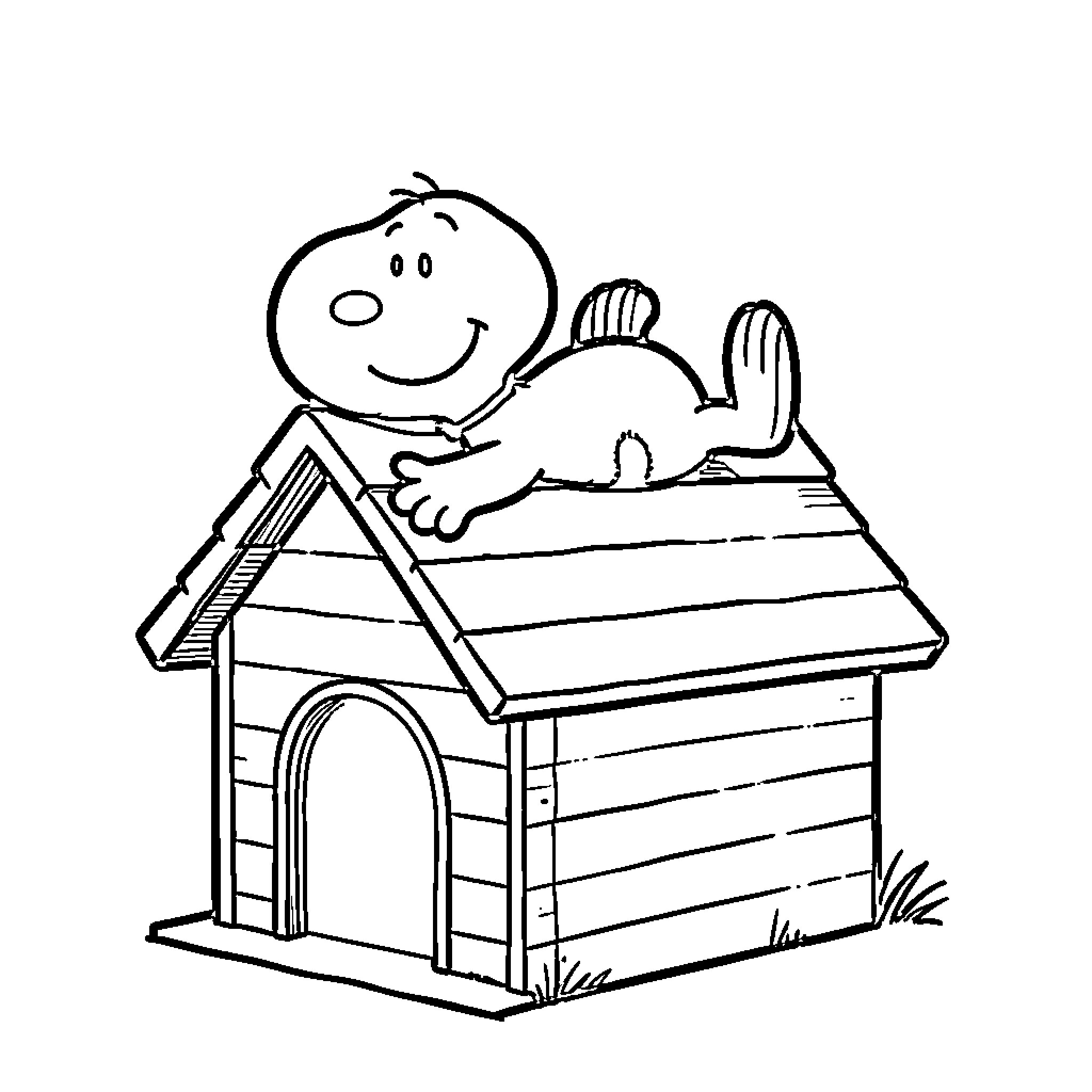 Snoopy relaxing in his doghouse Coloring Page (free black-and-white line drawing printable PDF for all, from beginners to advanced learners, including children, teens, adults, and seniors)