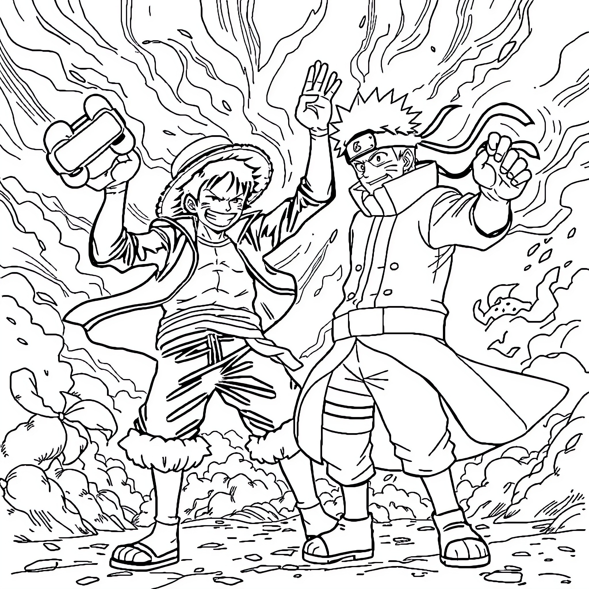 Luffy's Energetic Adventure with Naruto Coloring Page (free black-and-white line drawing printable PDF for all, from beginners to advanced learners, including children, teens, adults, and seniors)