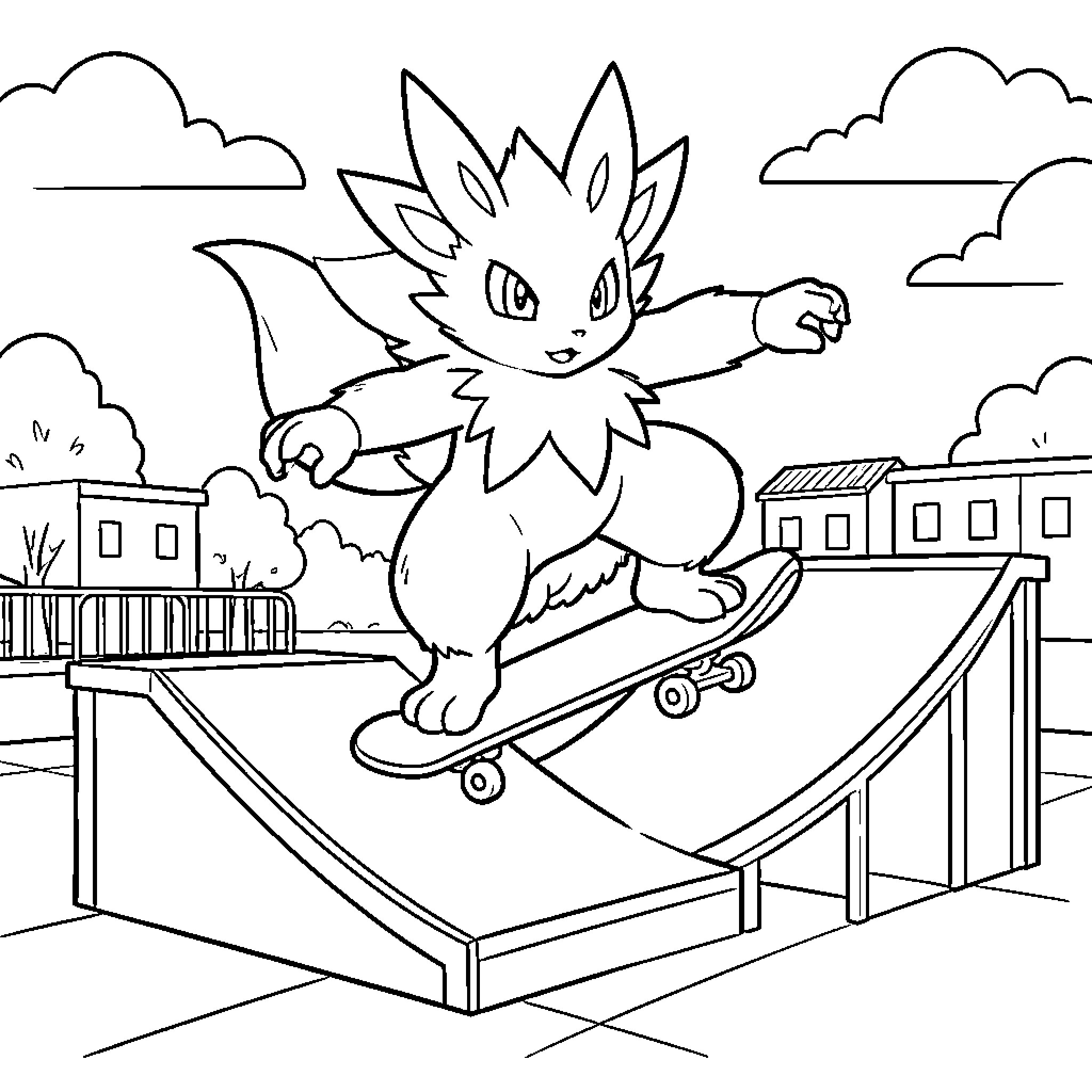 Dracaufeu performing a trick on a skateboard Coloring Page (free black-and-white line drawing printable PDF for all, from beginners to advanced learners, including children, teens, adults, and seniors)