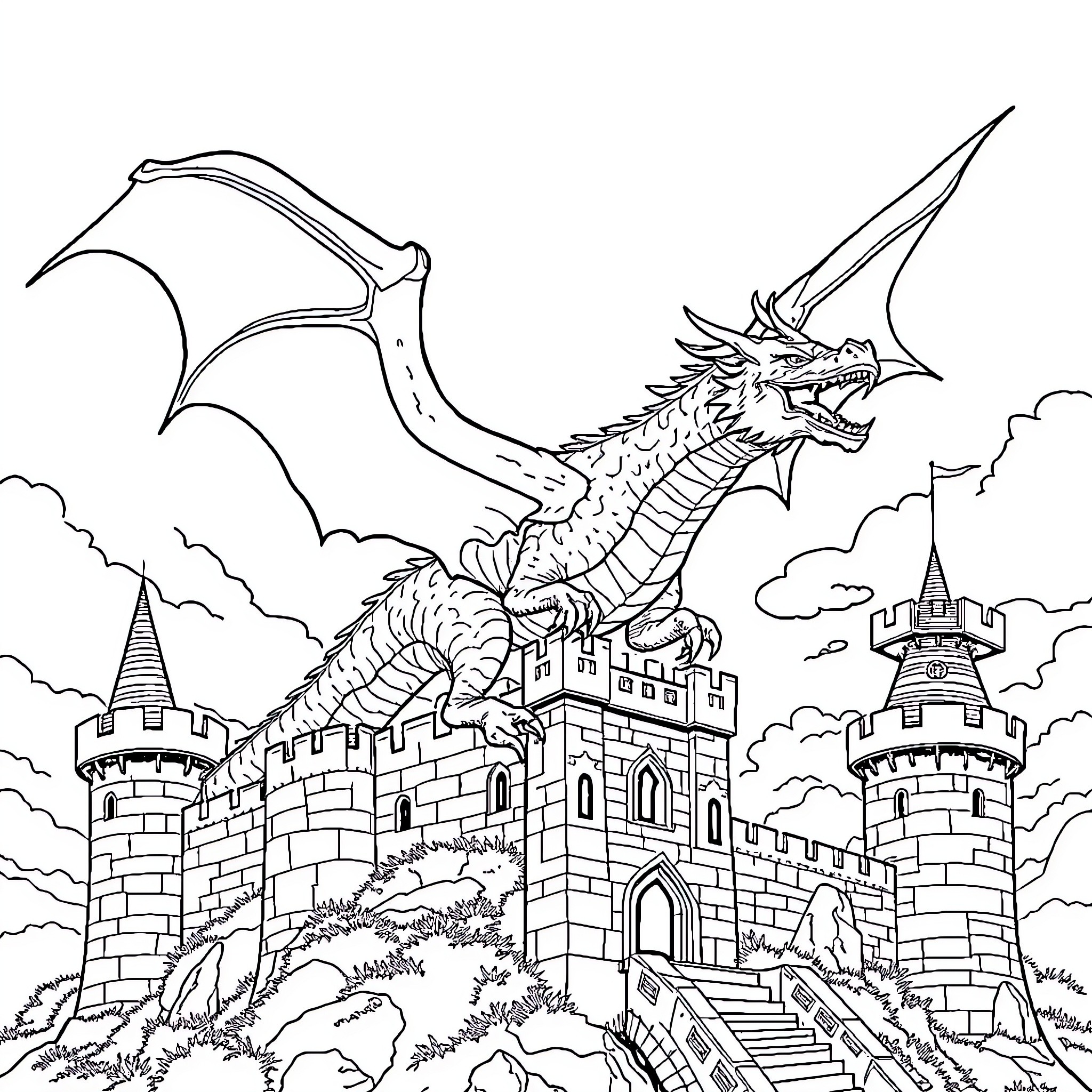 Dragon Soaring over Majestic Castle Coloring Page (free black-and-white line drawing printable PDF for all, from beginners to advanced learners, including children, teens, adults, and seniors)