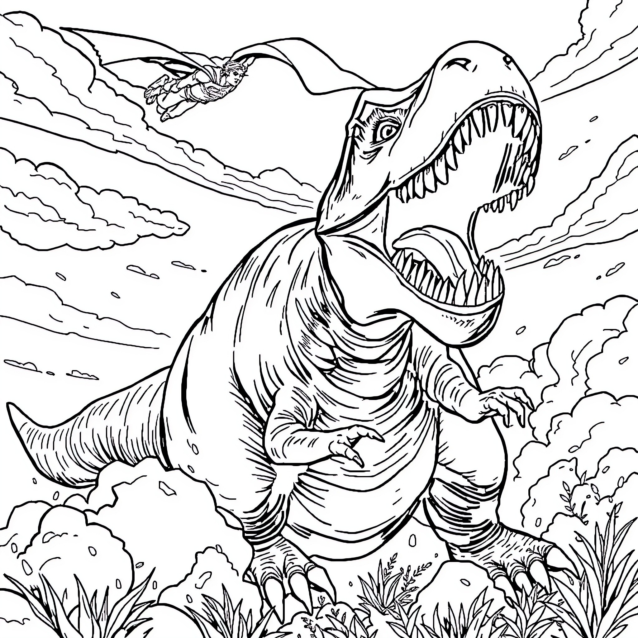 Dinosaur Devouring Prey in Prehistoric Landscape Coloring Page (free black-and-white line drawing printable PDF for all, from beginners to advanced learners, including children, teens, adults, and seniors)