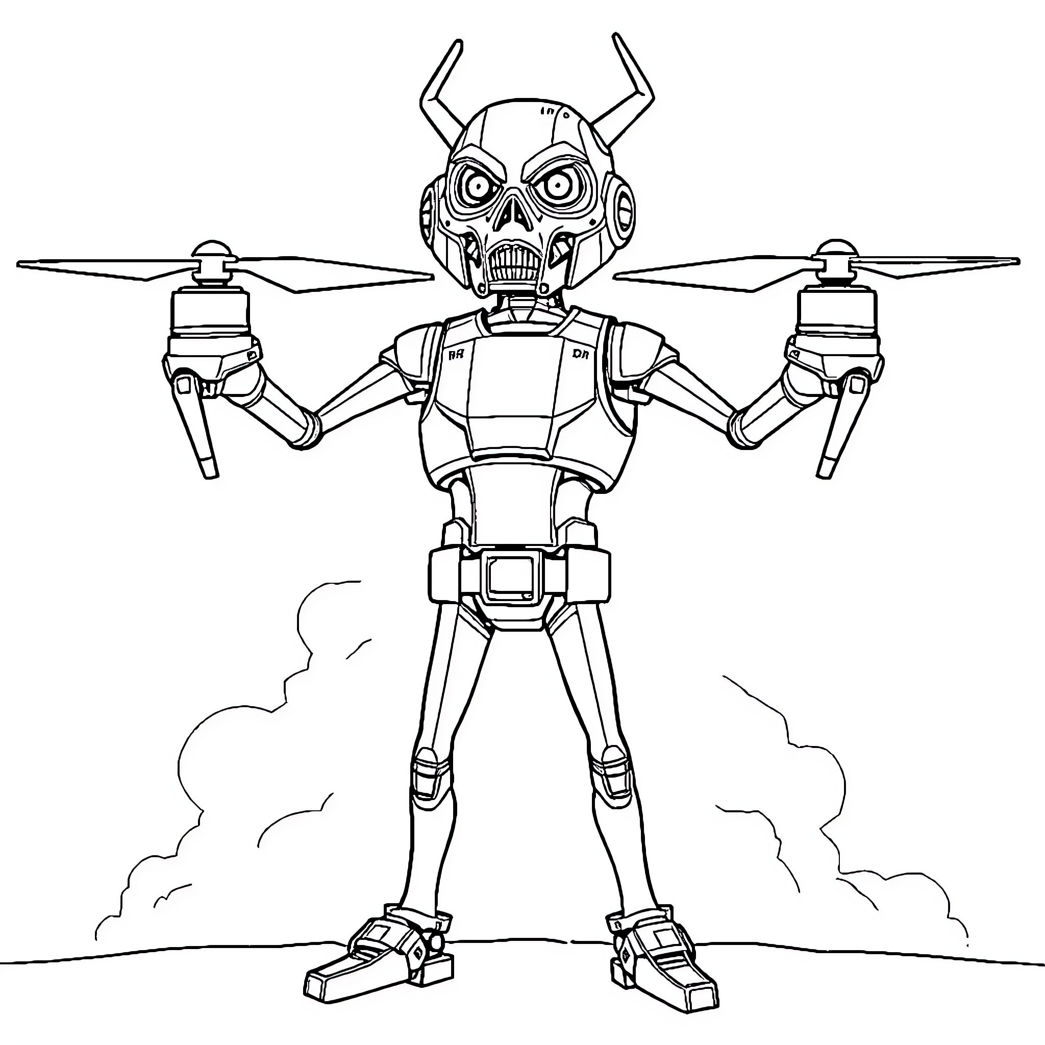 Vigilant Robotic Drone in Flight Coloring Page (free black-and-white line drawing printable PDF for all, from beginners to advanced learners, including children, teens, adults, and seniors)