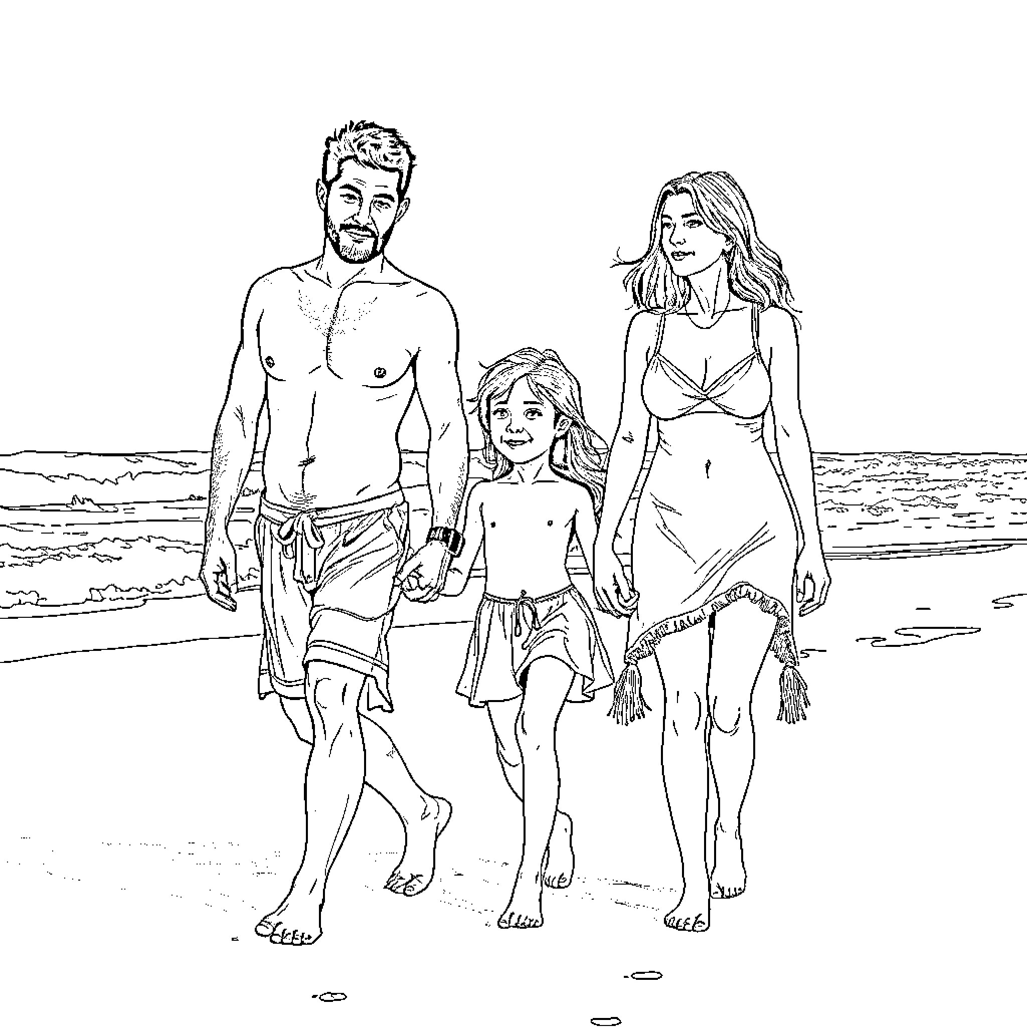 Nina's Beachtime Family Adventure Coloring Page (free black-and-white line drawing printable PDF for all, from beginners to advanced learners, including children, teens, adults, and seniors)