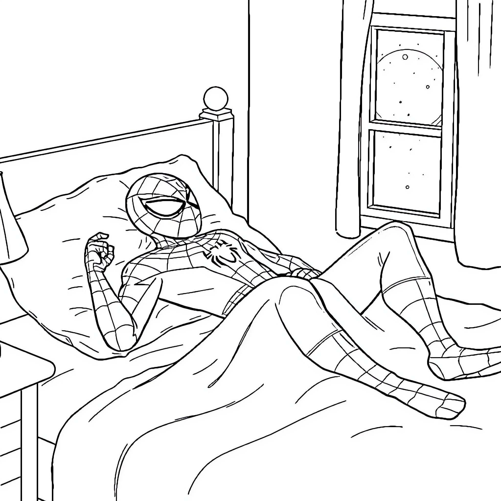 Spider-Man resting in bed after a heroic mission Coloring Page (free black-and-white line drawing printable PDF for all, from beginners to advanced learners, including children, teens, adults, and seniors)