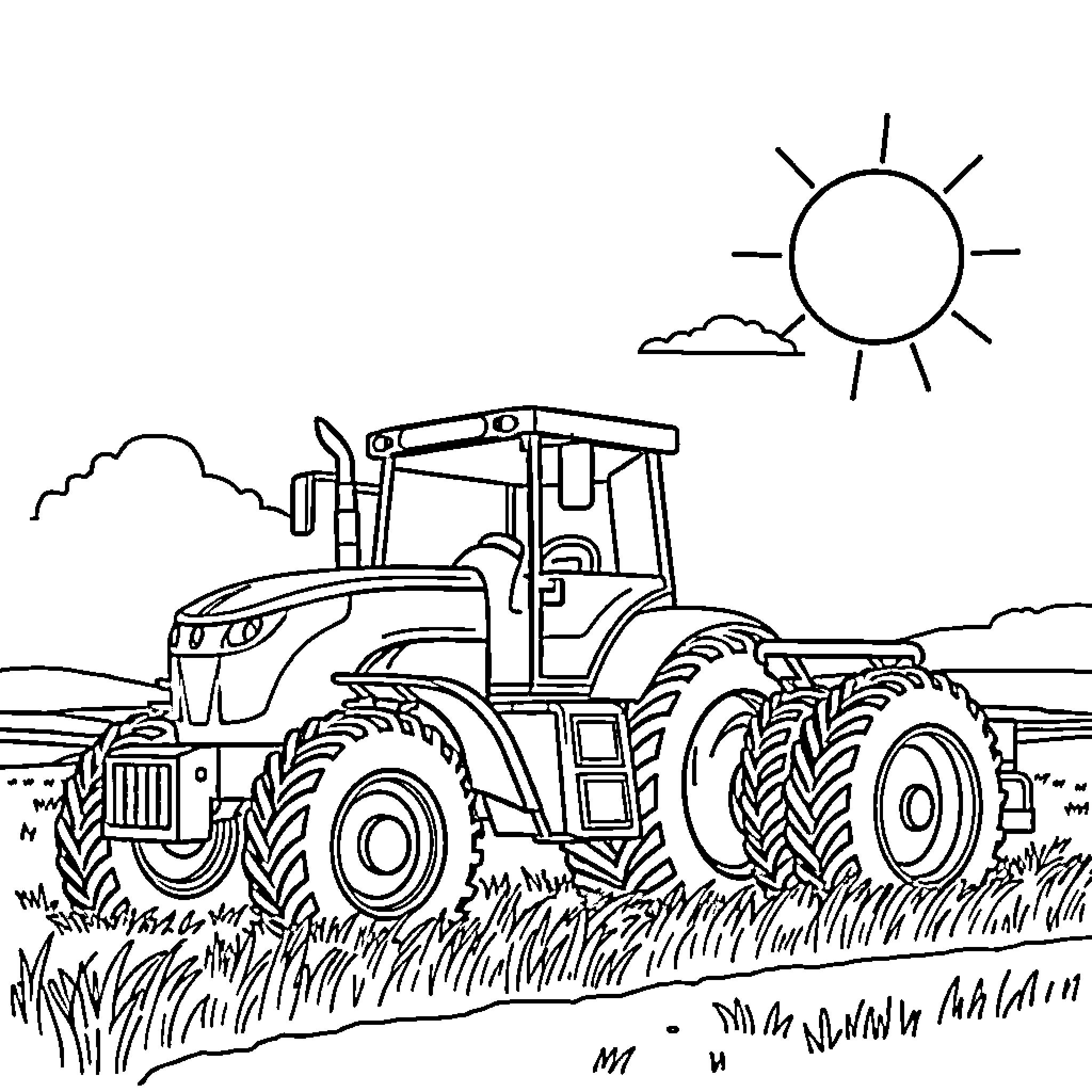 Tractor working in the countryside landscape Coloring Page (free black-and-white line drawing printable PDF for all, from beginners to advanced learners, including children, teens, adults, and seniors)