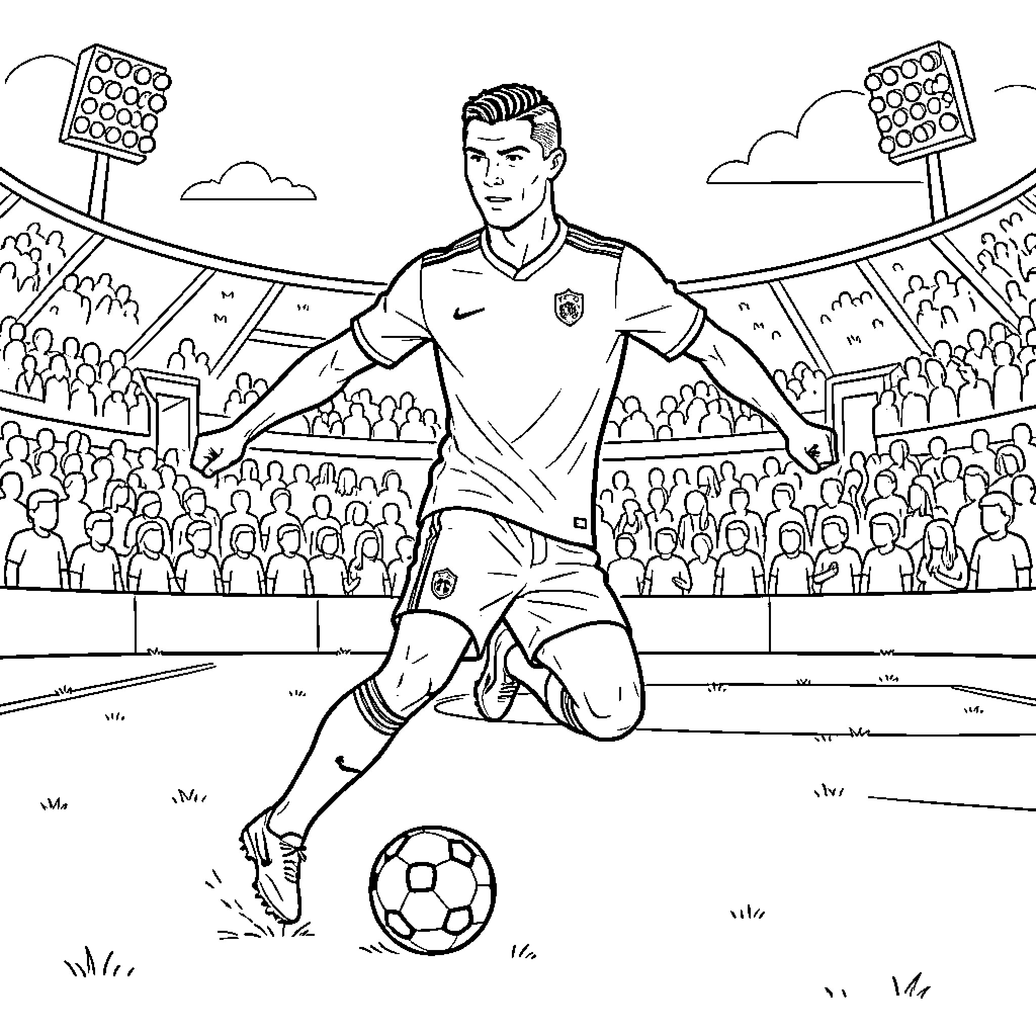 Cristiano Ronaldo dribbling a soccer ball in a stadium Coloring Page (free black-and-white line drawing printable PDF for all, from beginners to advanced learners, including children, teens, adults, and seniors)