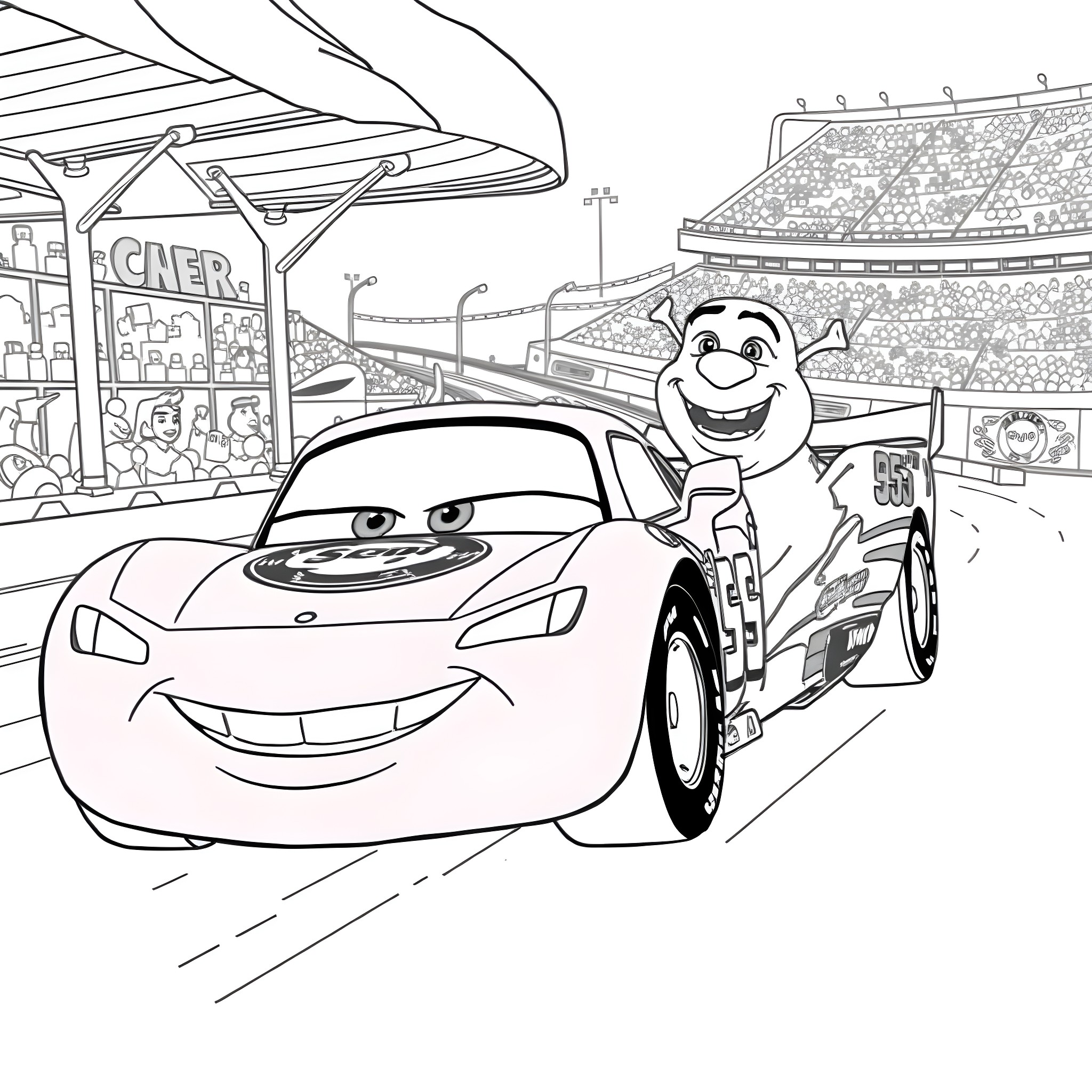 Shrek and his car racing in the city Coloring Page (free black-and-white line drawing printable PDF for all, from beginners to advanced learners, including children, teens, adults, and seniors)