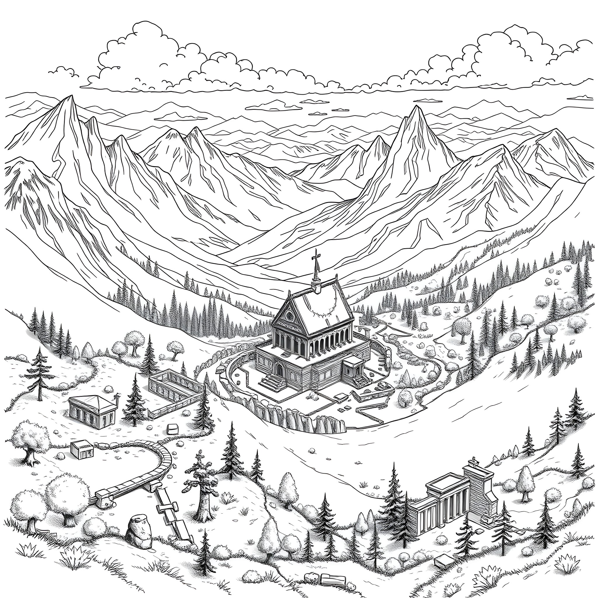 Legend of Zelda: Majestic Mountain Village Coloring Page (free black-and-white line drawing printable PDF for all, from beginners to advanced learners, including children, teens, adults, and seniors)