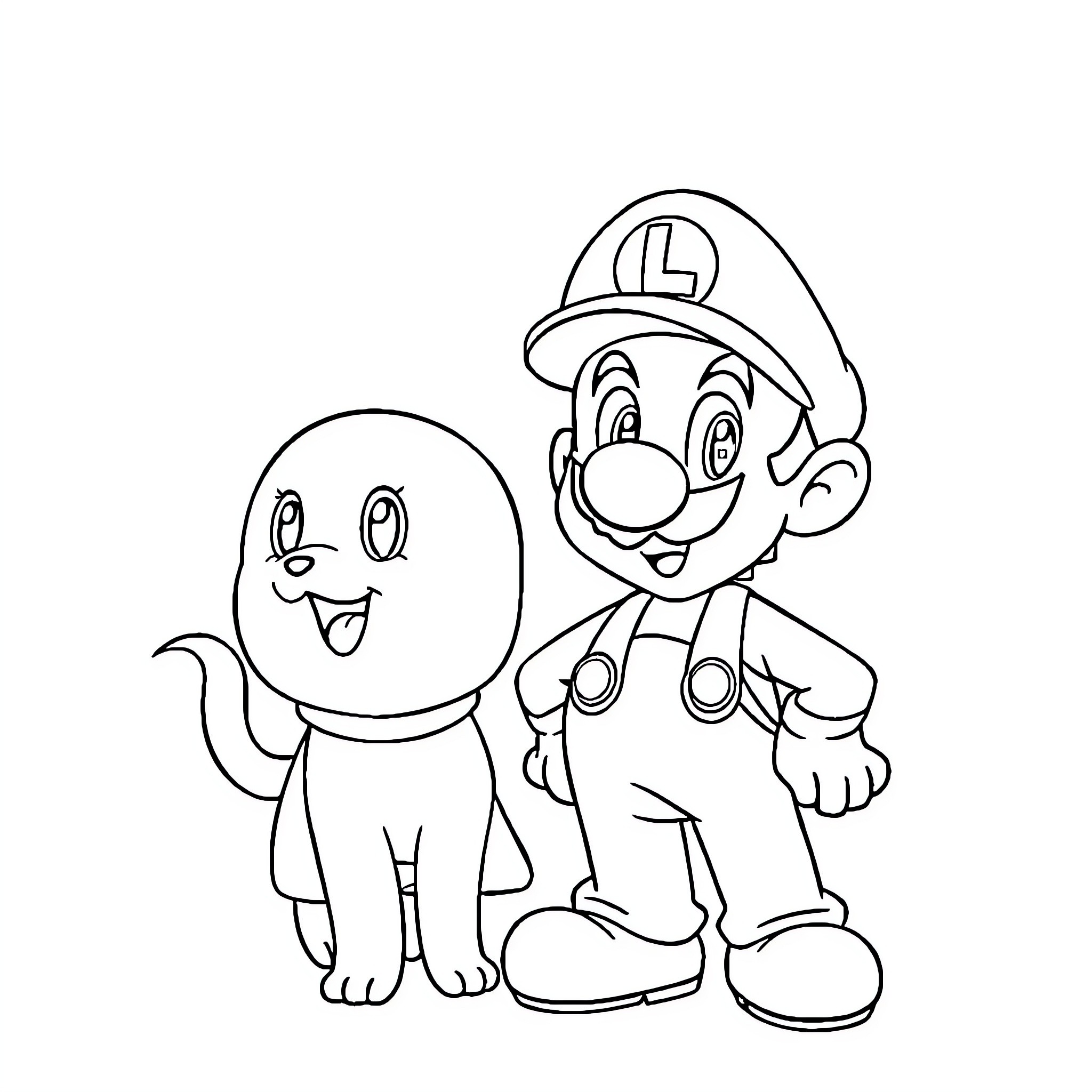 Luigi and his Ghostly Companion Coloring Page (free black-and-white line drawing printable PDF for all, from beginners to advanced learners, including children, teens, adults, and seniors)