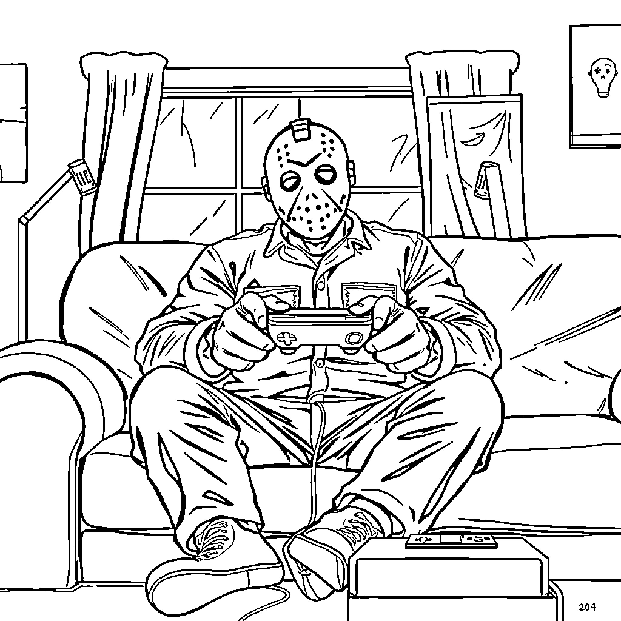 Jason Voorhees Enjoying Gaming at Home Coloring Page (free black-and-white line drawing printable PDF for all, from beginners to advanced learners, including children, teens, adults, and seniors)