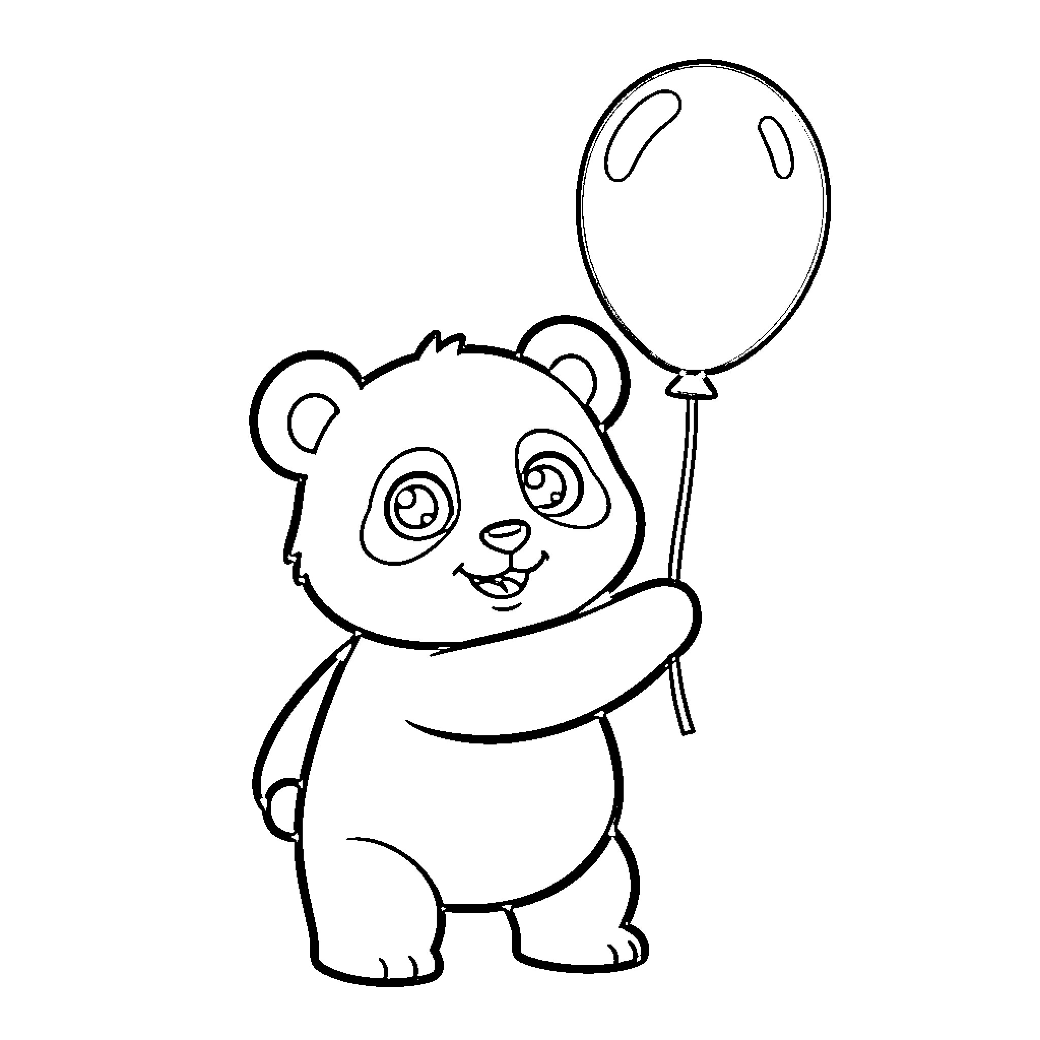 Panda holding a happy balloon Coloring Page (free black-and-white line drawing printable PDF for all, from beginners to advanced learners, including children, teens, adults, and seniors)