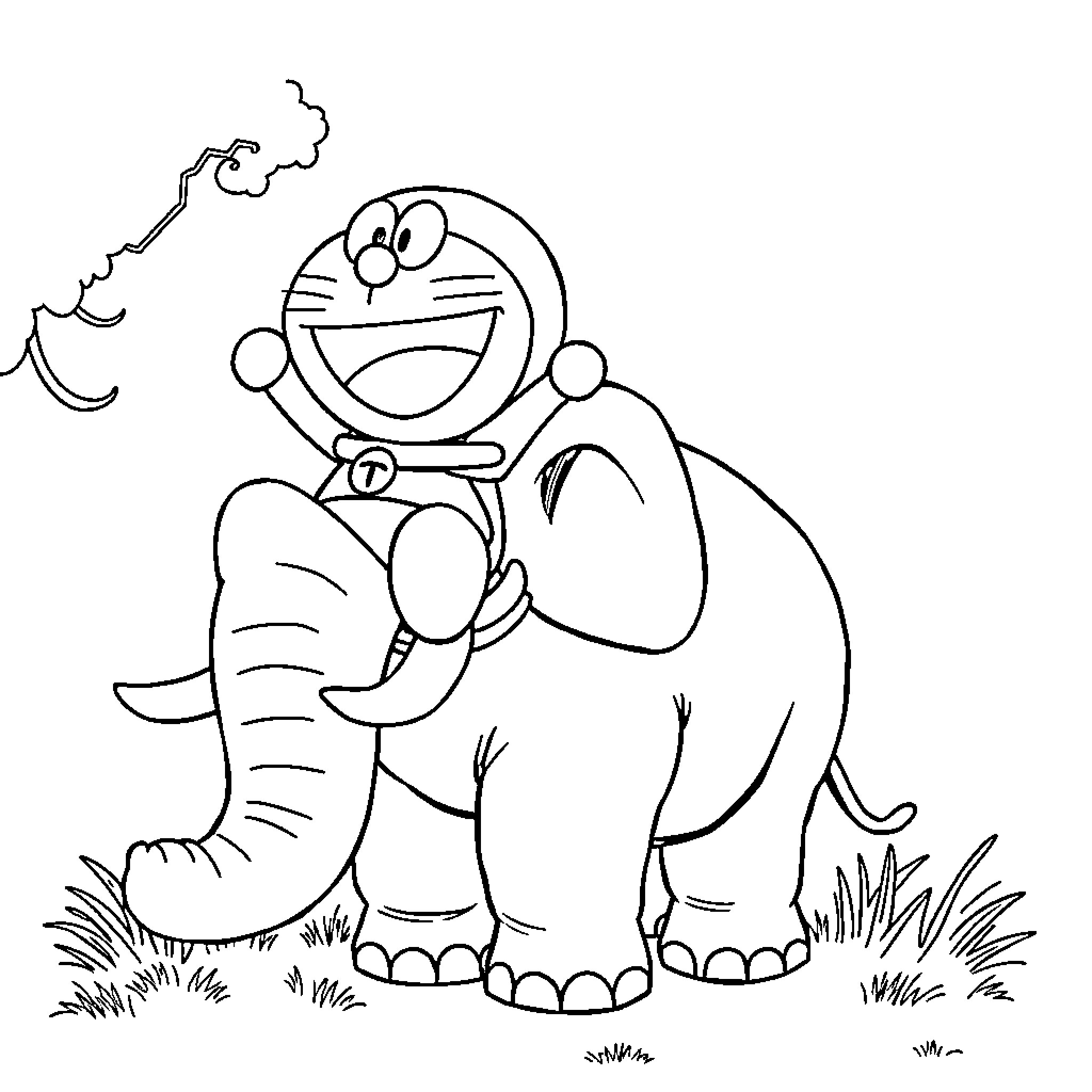 Doraemon playing with a friendly elephant Coloring Page (free black-and-white line drawing printable PDF for all, from beginners to advanced learners, including children, teens, adults, and seniors)