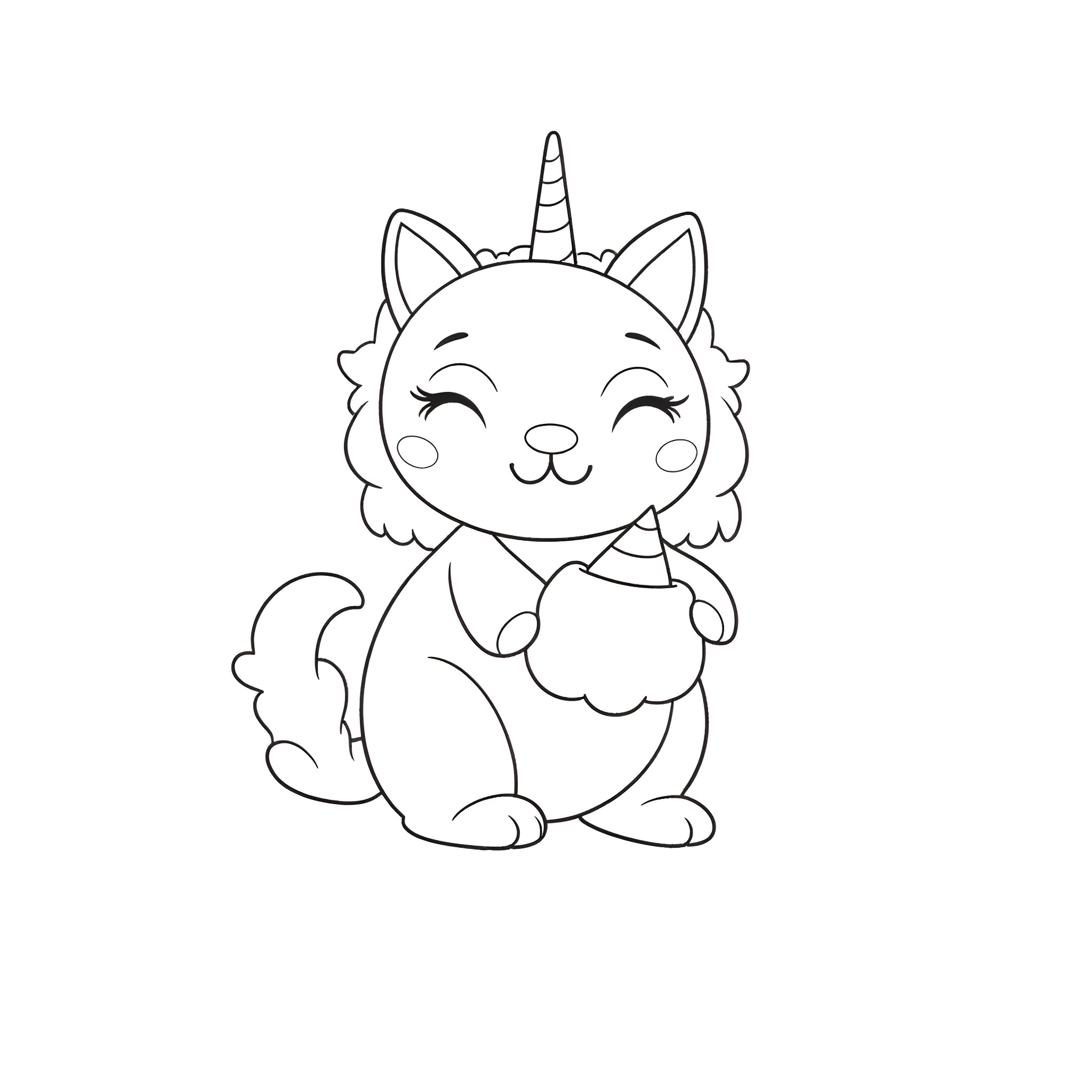 Unicorn Cat enjoying a cupcake Coloring Page (free black-and-white line drawing printable PDF for all, from beginners to advanced learners, including children, teens, adults, and seniors)