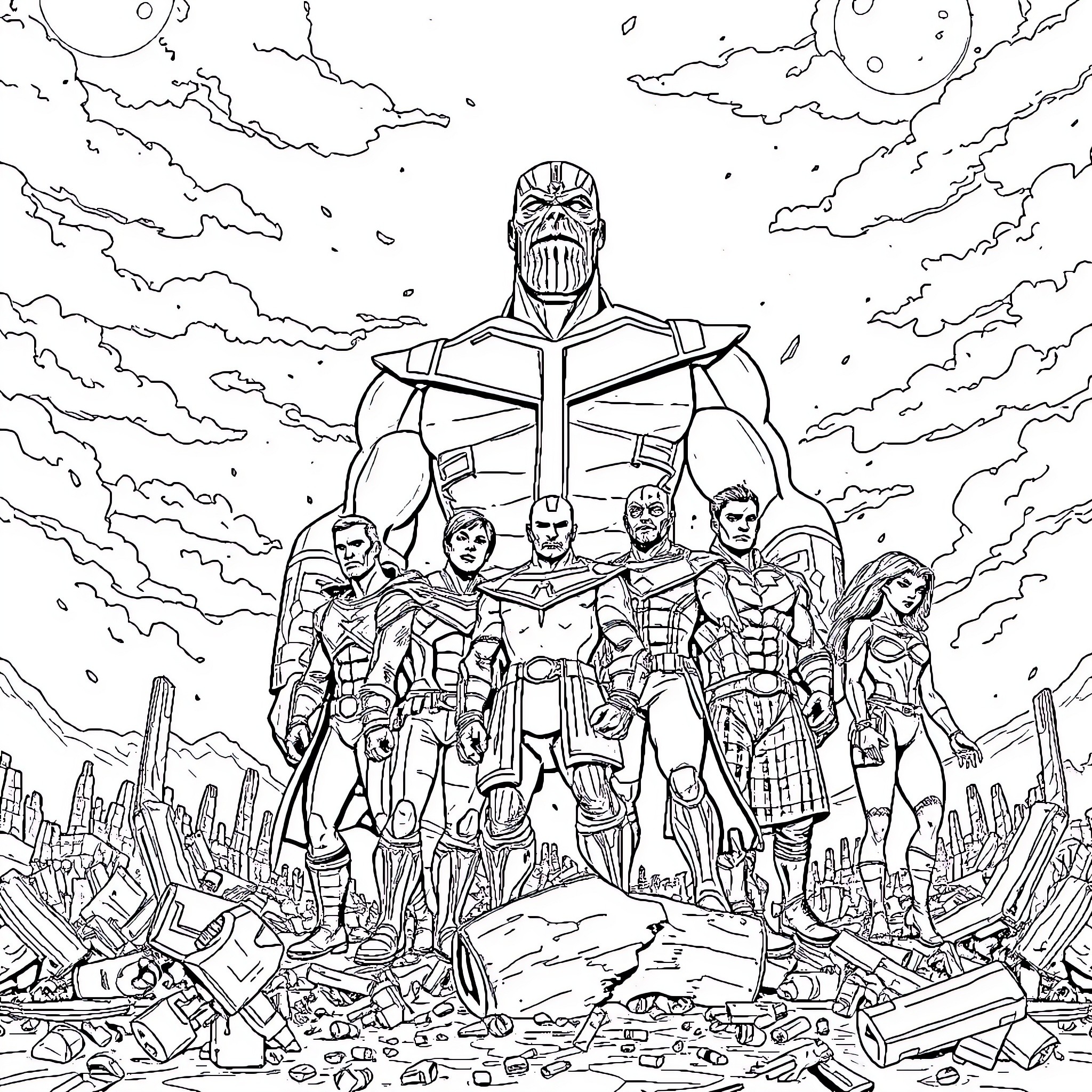 Thanos and the Avengers in an epic showdown Coloring Page (free black-and-white line drawing printable PDF for all, from beginners to advanced learners, including children, teens, adults, and seniors)