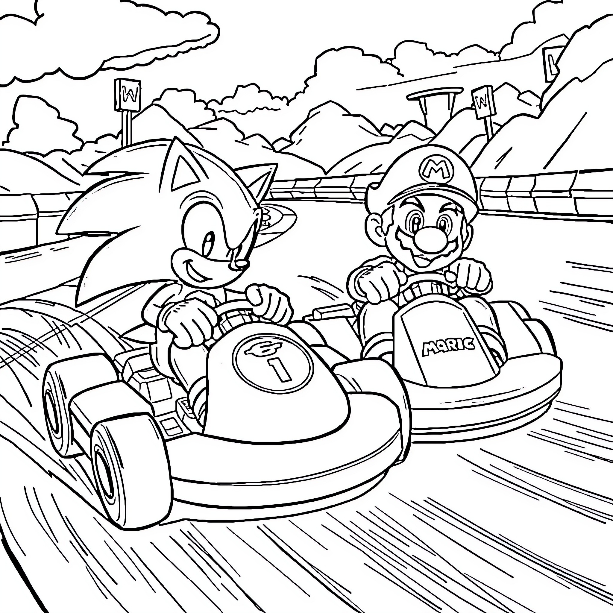 Sonic and Mario in Go-Kart Racing Adventure Coloring Page (free black-and-white line drawing printable PDF for all, from beginners to advanced learners, including children, teens, adults, and seniors)