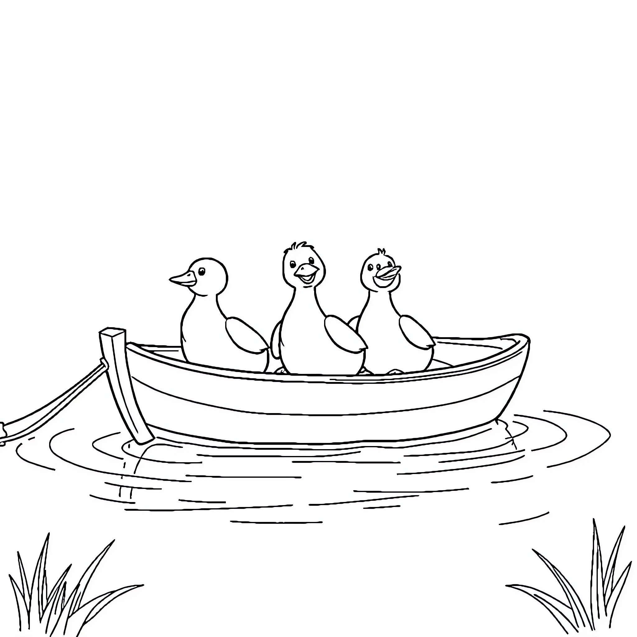 Duck friends ride together in a boat Coloring Page (free black-and-white line drawing printable PDF for all, from beginners to advanced learners, including children, teens, adults, and seniors)
