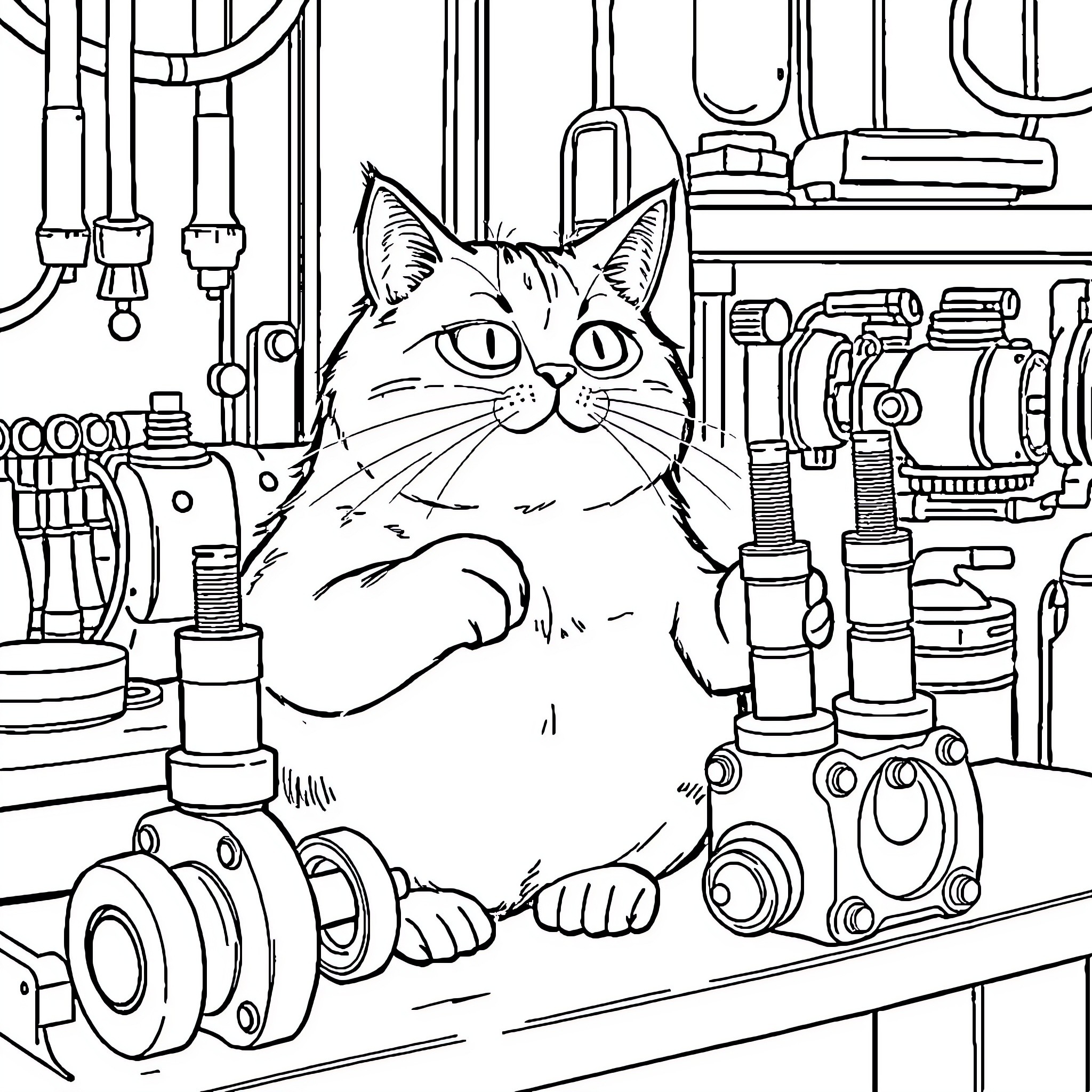Cat exploring mechanical workshop Coloring Page (free black-and-white line drawing printable PDF for all, from beginners to advanced learners, including children, teens, adults, and seniors)